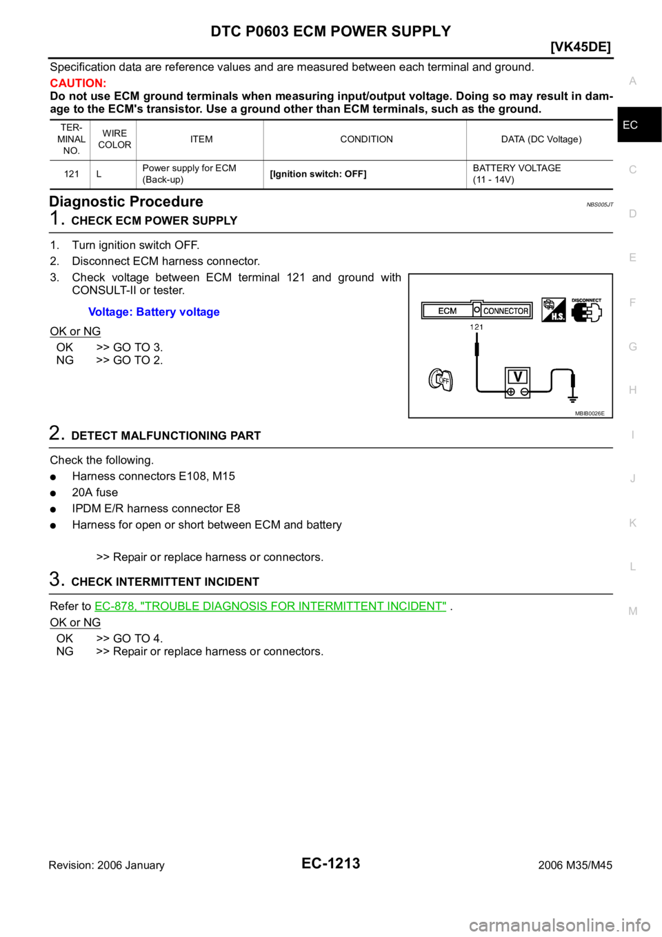 INFINITI M35 2006  Factory Service Manual DTC P0603 ECM POWER SUPPLY
EC-1213
[VK45DE]
C
D
E
F
G
H
I
J
K
L
MA
EC
Revision: 2006 January2006 M35/M45
Specification data are reference values and are measured between each terminal and ground.
CAUT
