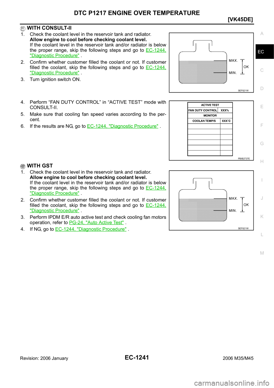 INFINITI M35 2006  Factory Service Manual DTC P1217 ENGINE OVER TEMPERATURE
EC-1241
[VK45DE]
C
D
E
F
G
H
I
J
K
L
MA
EC
Revision: 2006 January2006 M35/M45
 WITH CONSULT-II
1. Check the coolant level in the reservoir tank and radiator.
Allow en