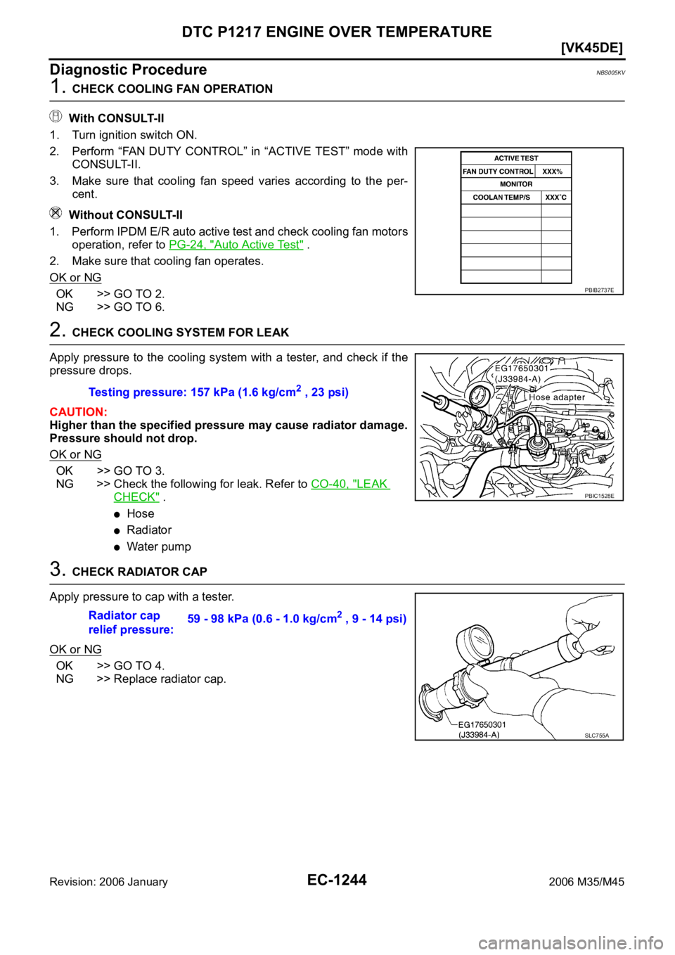 INFINITI M35 2006  Factory Service Manual EC-1244
[VK45DE]
DTC P1217 ENGINE OVER TEMPERATURE
Revision: 2006 January2006 M35/M45
Diagnostic ProcedureNBS005KV
1. CHECK COOLING FAN OPERATION
 With CONSULT-II
1. Turn ignition switch ON.
2. Perfor