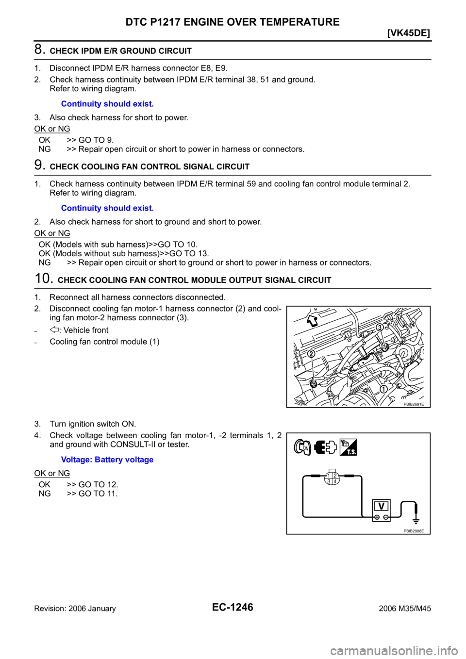 INFINITI M35 2006  Factory Service Manual EC-1246
[VK45DE]
DTC P1217 ENGINE OVER TEMPERATURE
Revision: 2006 January2006 M35/M45
8. CHECK IPDM E/R GROUND CIRCUIT
1. Disconnect IPDM E/R harness connector E8, E9.
2. Check harness continuity betw