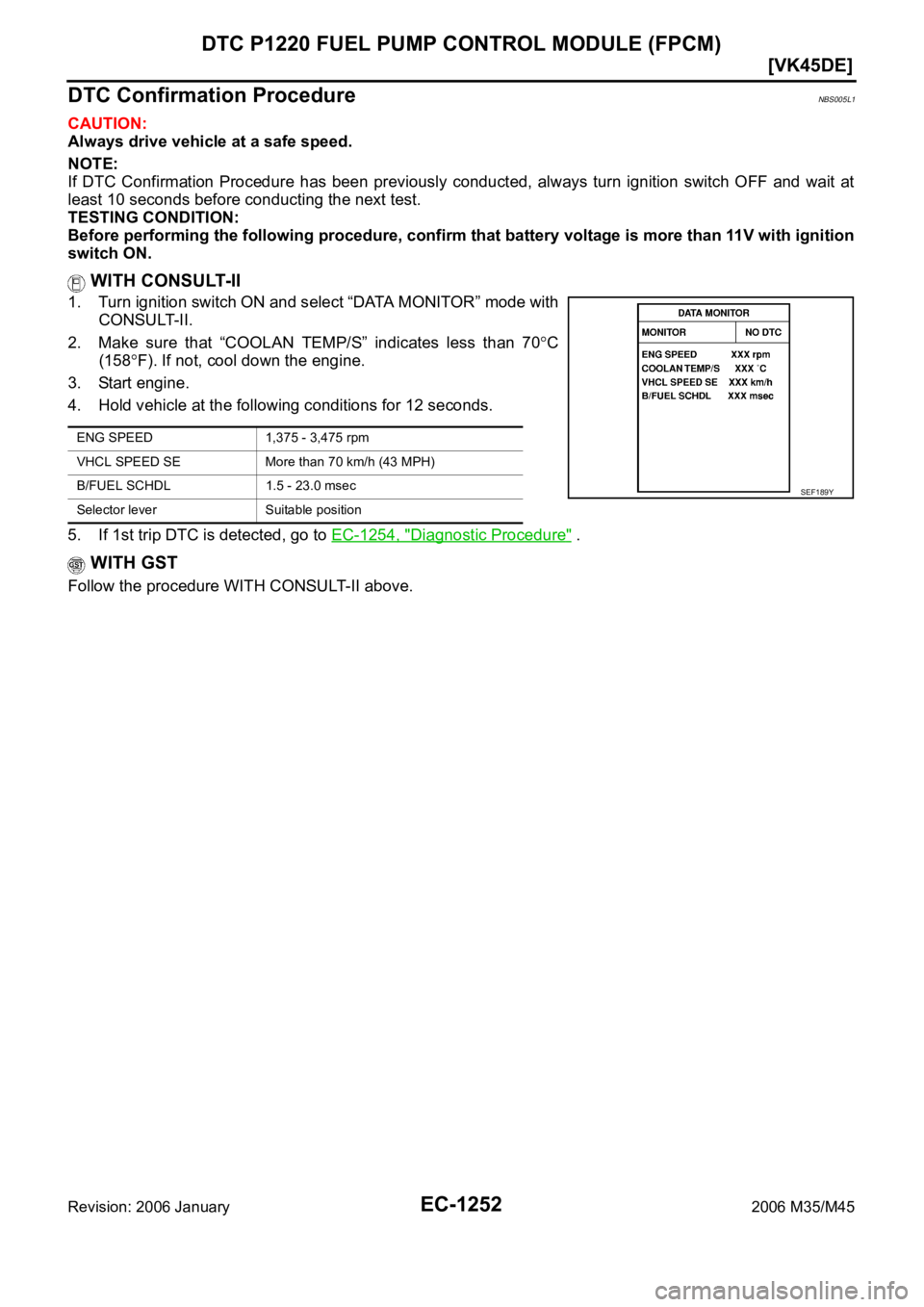 INFINITI M35 2006  Factory Service Manual EC-1252
[VK45DE]
DTC P1220 FUEL PUMP CONTROL MODULE (FPCM)
Revision: 2006 January2006 M35/M45
DTC Confirmation ProcedureNBS005L1
CAUTION:
Always drive vehicle at a safe speed.
NOTE:
If  DTC  Confirmat