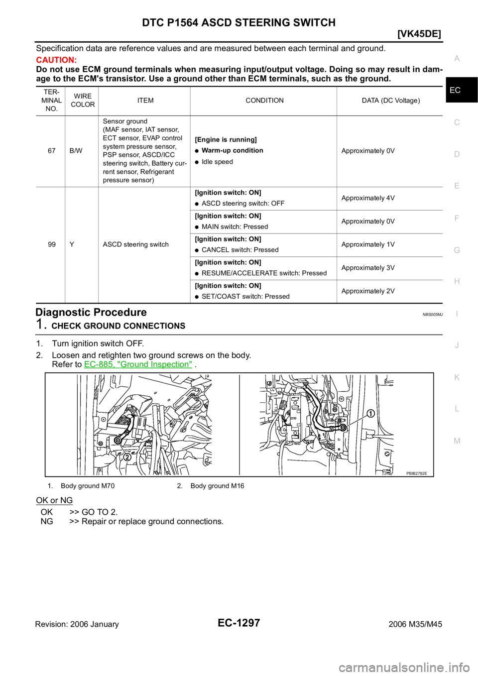 INFINITI M35 2006  Factory Service Manual DTC P1564 ASCD STEERING SWITCH
EC-1297
[VK45DE]
C
D
E
F
G
H
I
J
K
L
MA
EC
Revision: 2006 January2006 M35/M45
Specification data are reference values and are measured between each terminal and ground.
