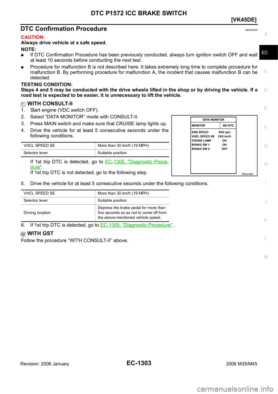 INFINITI M35 2006  Factory Service Manual DTC P1572 ICC BRAKE SWITCH
EC-1303
[VK45DE]
C
D
E
F
G
H
I
J
K
L
MA
EC
Revision: 2006 January2006 M35/M45
DTC Confirmation ProcedureNBS005MR
CAUTION:
Always drive vehicle at a safe speed.
NOTE:
If DTC 