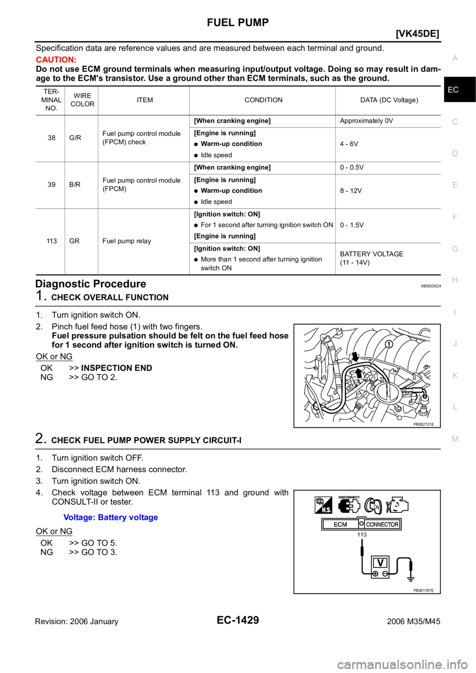 INFINITI M35 2006  Factory Service Manual FUEL PUMP
EC-1429
[VK45DE]
C
D
E
F
G
H
I
J
K
L
MA
EC
Revision: 2006 January2006 M35/M45
Specification data are reference values and are measured between each terminal and ground.
CAUTION:
Do not use E