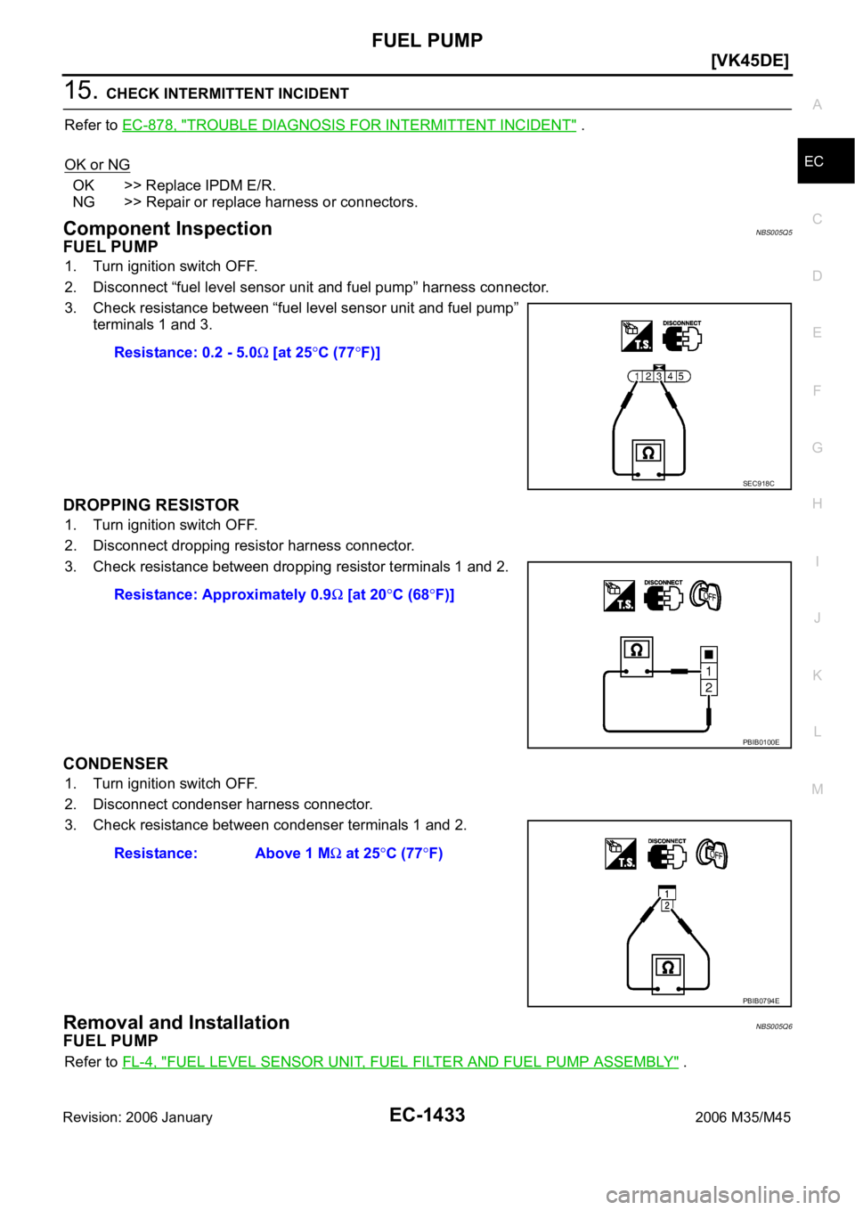 INFINITI M35 2006  Factory Service Manual FUEL PUMP
EC-1433
[VK45DE]
C
D
E
F
G
H
I
J
K
L
MA
EC
Revision: 2006 January2006 M35/M45
15. CHECK INTERMITTENT INCIDENT
Refer to EC-878, "
TROUBLE DIAGNOSIS FOR INTERMITTENT INCIDENT" .
OK or 