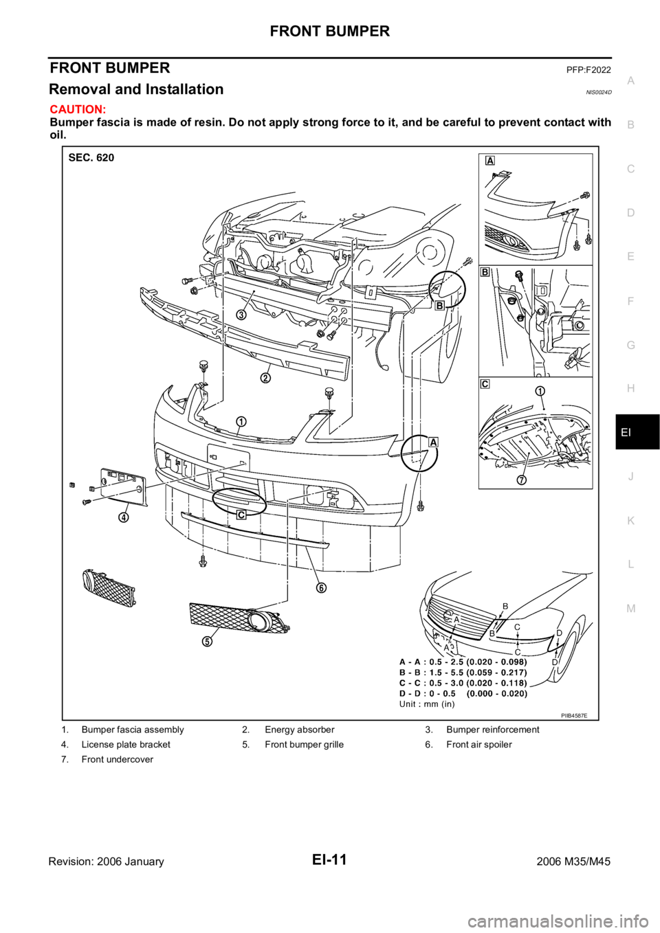 INFINITI M35 2006  Factory Service Manual FRONT BUMPER
EI-11
C
D
E
F
G
H
J
K
L
MA
B
EI
Revision: 2006 January2006 M35/M45
FRONT BUMPERPFP:F2022
Removal and InstallationNIS0024D
CAUTION:
Bumper fascia is made of resin. Do not apply strong forc