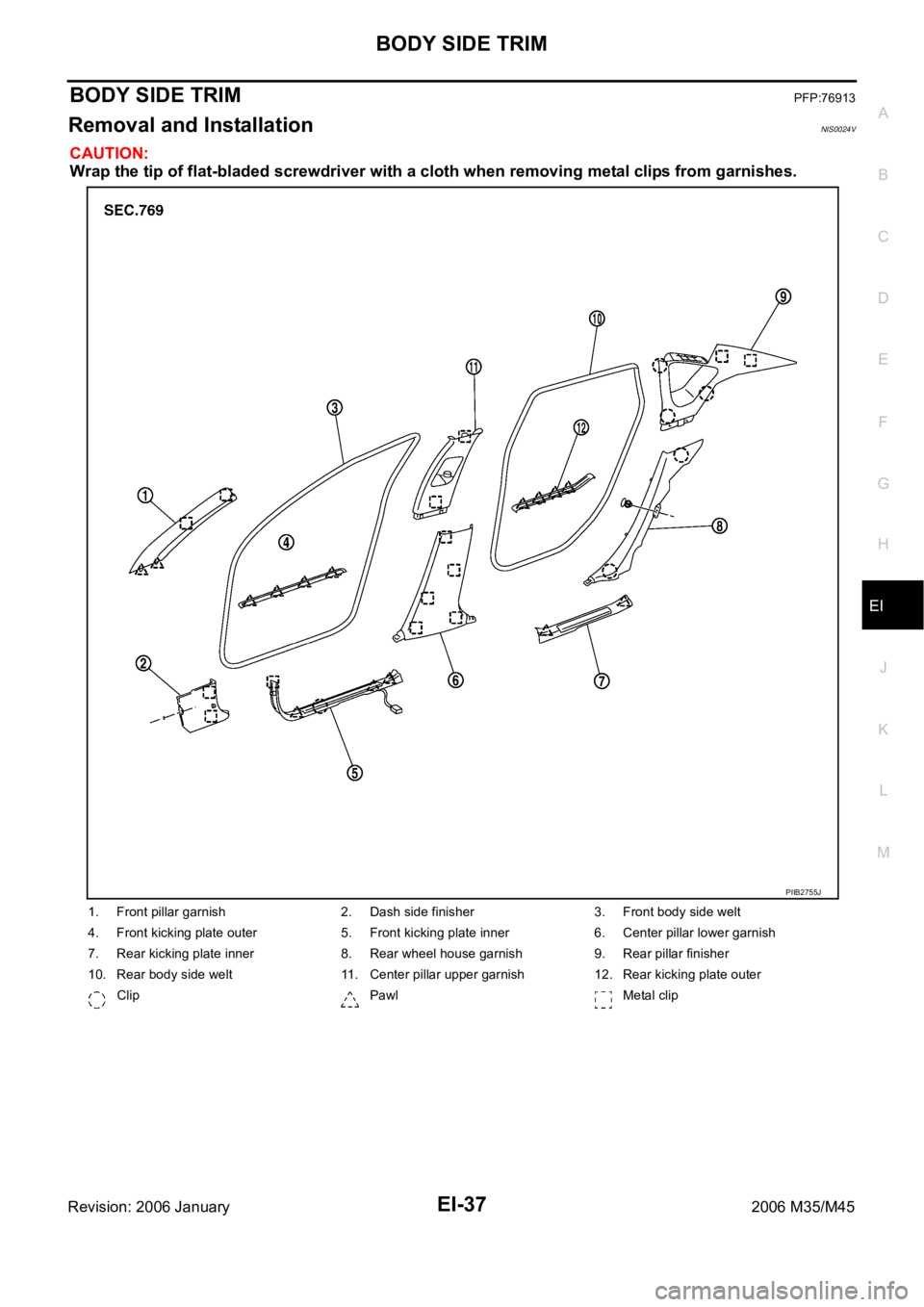 INFINITI M35 2006  Factory Service Manual BODY SIDE TRIM
EI-37
C
D
E
F
G
H
J
K
L
MA
B
EI
Revision: 2006 January2006 M35/M45
BODY SIDE TRIMPFP:76913
Removal and InstallationNIS0024V
CAUTION:
Wrap the tip of flat-bladed screwdriver with a cloth