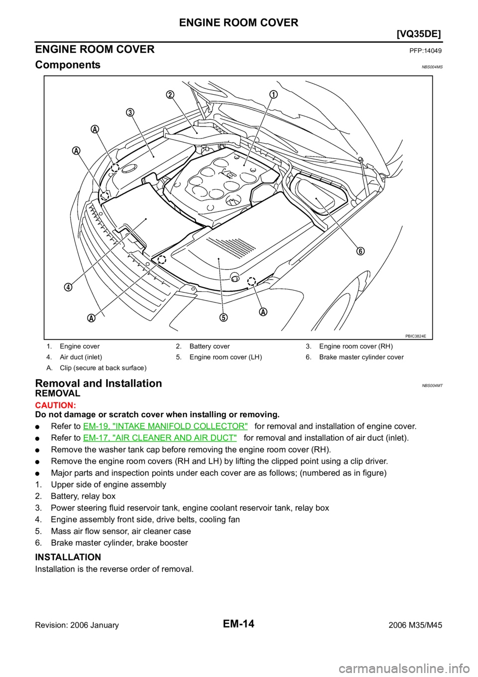 INFINITI M35 2006  Factory Service Manual EM-14
[VQ35DE]
ENGINE ROOM COVER
Revision: 2006 January2006 M35/M45
ENGINE ROOM COVERPFP:14049
ComponentsNBS004MS
Removal and InstallationNBS004MT
REMOVAL
CAUTION:
Do not damage or scratch cover when 