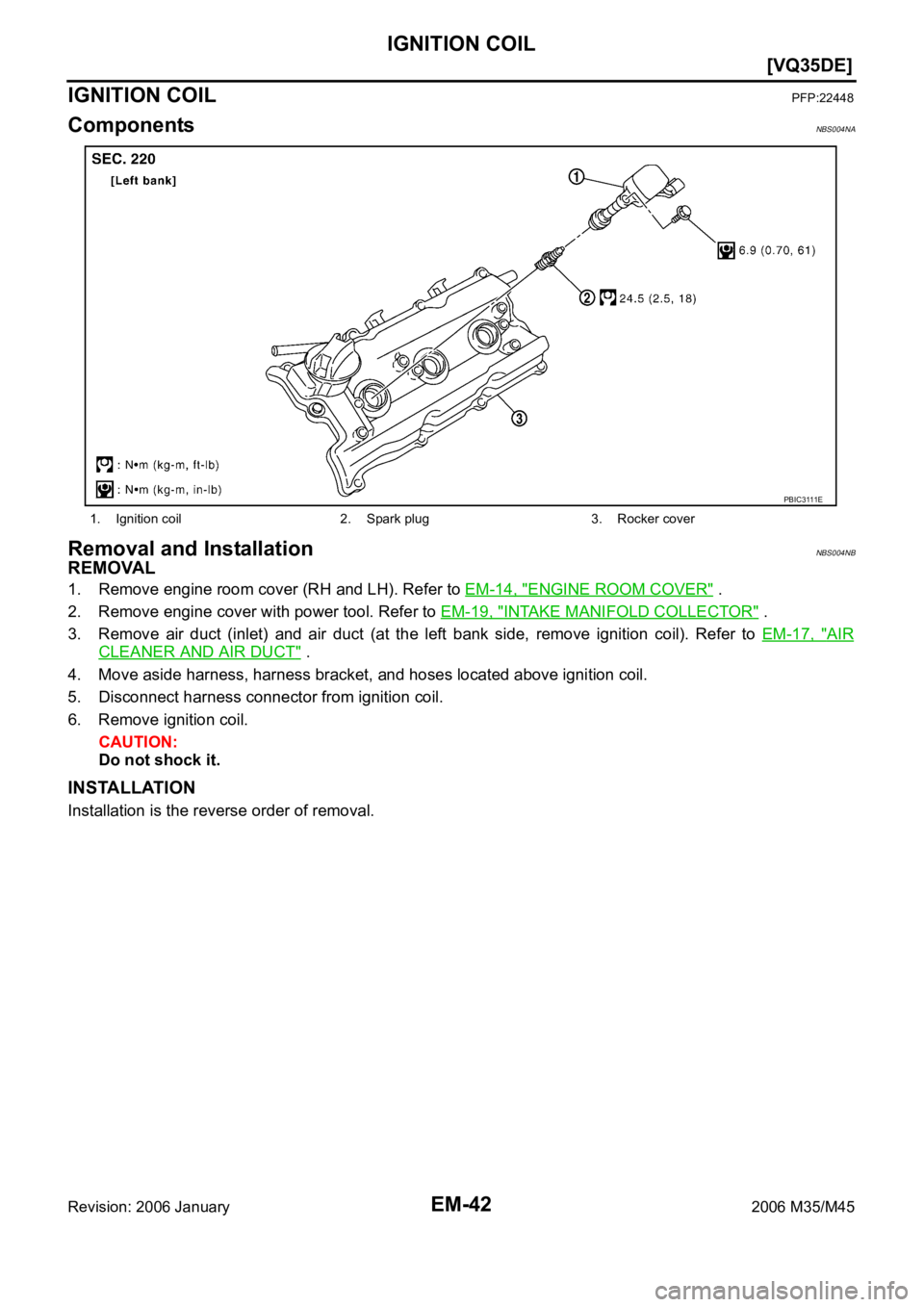 INFINITI M35 2006  Factory Service Manual EM-42
[VQ35DE]
IGNITION COIL
Revision: 2006 January2006 M35/M45
IGNITION COILPFP:22448
ComponentsNBS004NA
Removal and InstallationNBS004NB
REMOVAL
1. Remove engine room cover (RH and LH). Refer to EM-