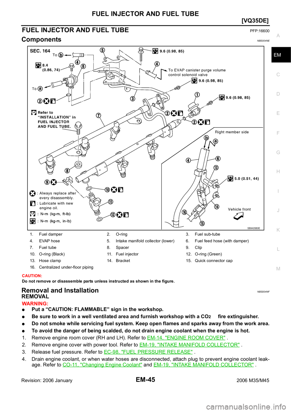 INFINITI M35 2006  Factory Service Manual FUEL INJECTOR AND FUEL TUBE
EM-45
[VQ35DE]
C
D
E
F
G
H
I
J
K
L
MA
EM
Revision: 2006 January2006 M35/M45
FUEL INJECTOR AND FUEL TUBEPFP:16600
ComponentsNBS004NE
CAUTION:
Do not remove or disassemble pa