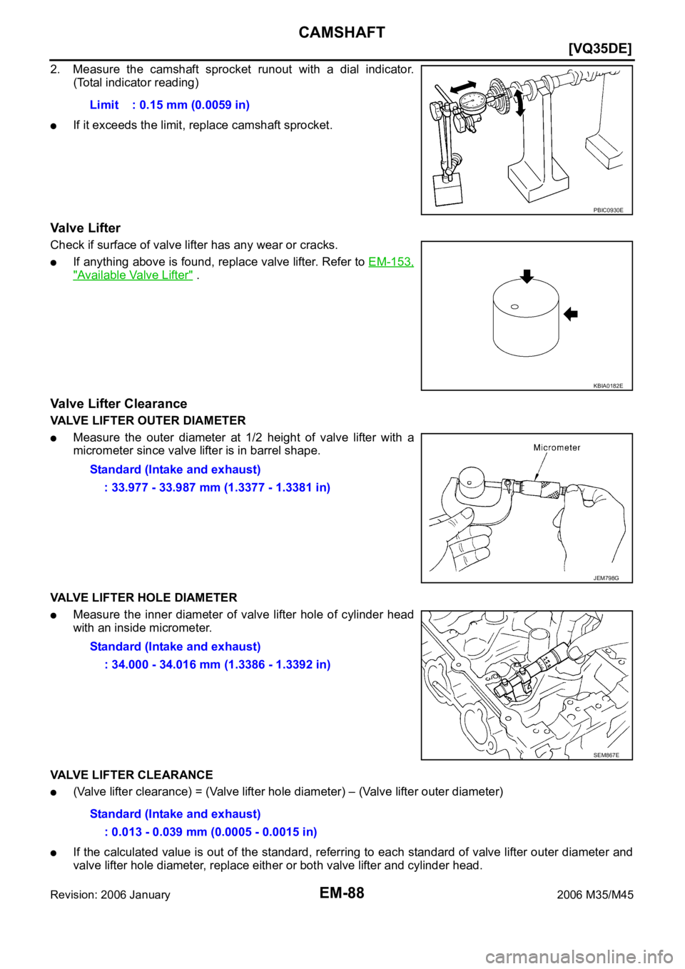 INFINITI M35 2006  Factory Service Manual EM-88
[VQ35DE]
CAMSHAFT
Revision: 2006 January2006 M35/M45
2. Measure  the  camshaft  sprocket  runout  with  a  dial  indicator.
(Total indicator reading)
If it exceeds the limit, replace camshaft sp