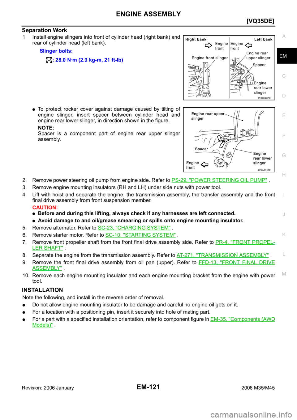 INFINITI M35 2006  Factory Service Manual ENGINE ASSEMBLY
EM-121
[VQ35DE]
C
D
E
F
G
H
I
J
K
L
MA
EM
Revision: 2006 January2006 M35/M45
Separation Work
1. Install engine slingers into front of cylinder head (right bank) and
rear of cylinder he