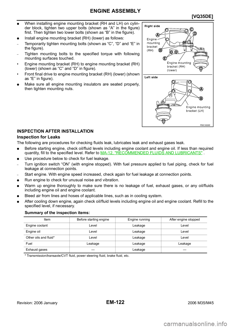 INFINITI M35 2006  Factory Service Manual EM-122
[VQ35DE]
ENGINE ASSEMBLY
Revision: 2006 January2006 M35/M45
When installing engine  mounting bracket (RH and LH) on cylin-
der  block,  tighten  two  upper  bolts  (shown  as  “A”  in  the 