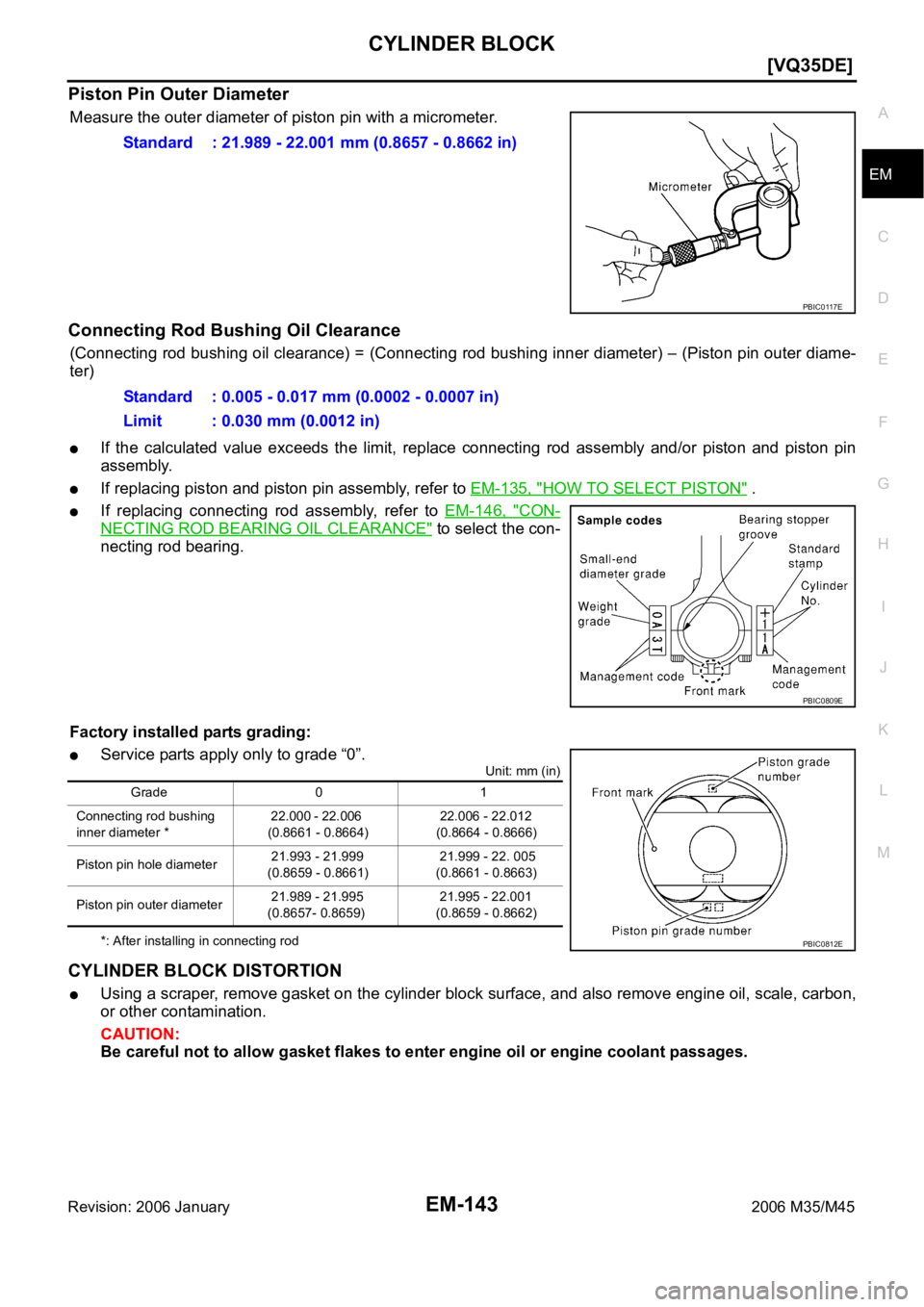 INFINITI M35 2006  Factory Service Manual CYLINDER BLOCK
EM-143
[VQ35DE]
C
D
E
F
G
H
I
J
K
L
MA
EM
Revision: 2006 January2006 M35/M45
Piston Pin Outer Diameter
Measure the outer diameter of piston pin with a micrometer.
Connecting Rod Bushing