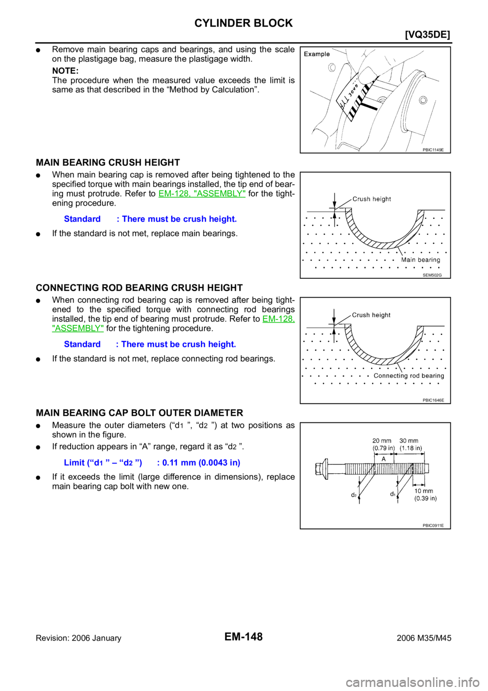 INFINITI M35 2006  Factory Service Manual EM-148
[VQ35DE]
CYLINDER BLOCK
Revision: 2006 January2006 M35/M45
Remove main bearing caps and bearings, and using the scale
on the plastigage bag, measure the plastigage width. 
NOTE:
The  procedure 