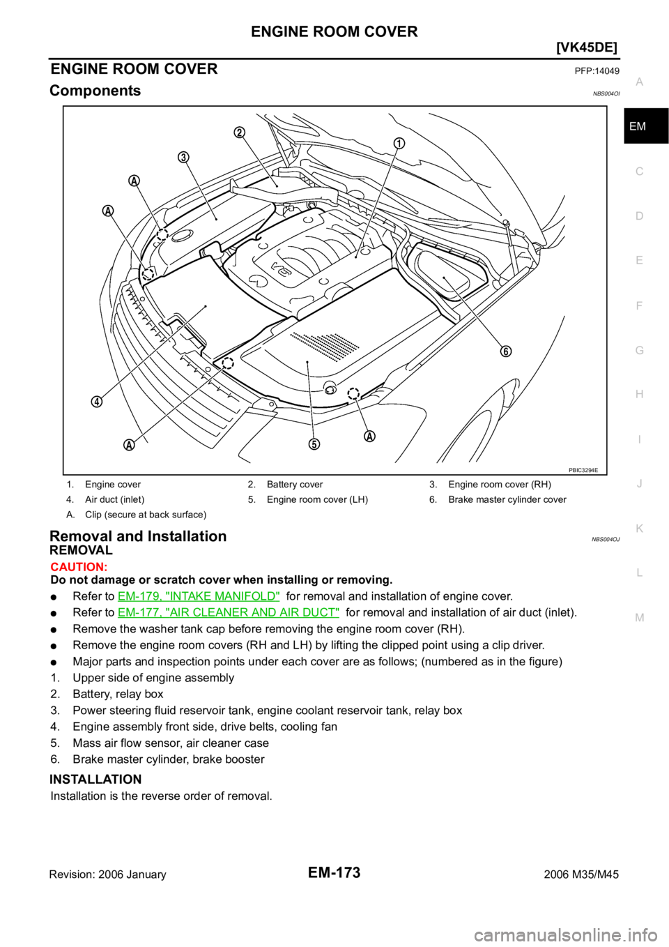 INFINITI M35 2006  Factory Service Manual ENGINE ROOM COVER
EM-173
[VK45DE]
C
D
E
F
G
H
I
J
K
L
MA
EM
Revision: 2006 January2006 M35/M45
ENGINE ROOM COVERPFP:14049
ComponentsNBS004OI
Removal and InstallationNBS004OJ
REMOVAL
CAUTION:
Do not da