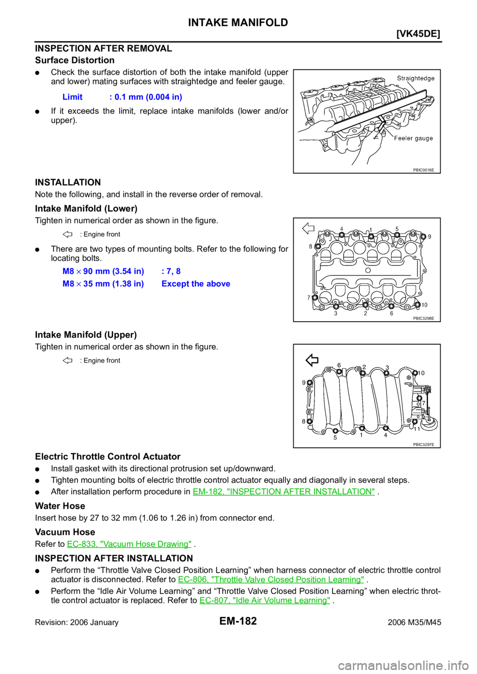 INFINITI M35 2006  Factory Service Manual EM-182
[VK45DE]
INTAKE MANIFOLD
Revision: 2006 January2006 M35/M45
INSPECTION AFTER REMOVAL
Surface Distortion
Check  the  surface  distortion  of  both  the  intake  manifold  (upper
and lower) matin