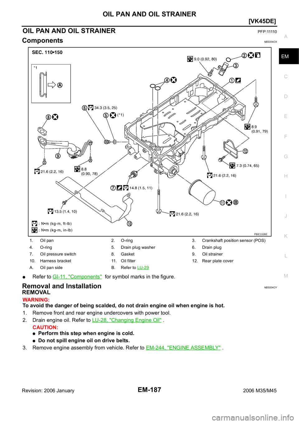 INFINITI M35 2006  Factory Service Manual OIL PAN AND OIL STRAINER
EM-187
[VK45DE]
C
D
E
F
G
H
I
J
K
L
MA
EM
Revision: 2006 January2006 M35/M45
OIL PAN AND OIL STRAINERP F P : 1111 0
ComponentsNBS004OX
Refer to GI-11, "Components"  fo