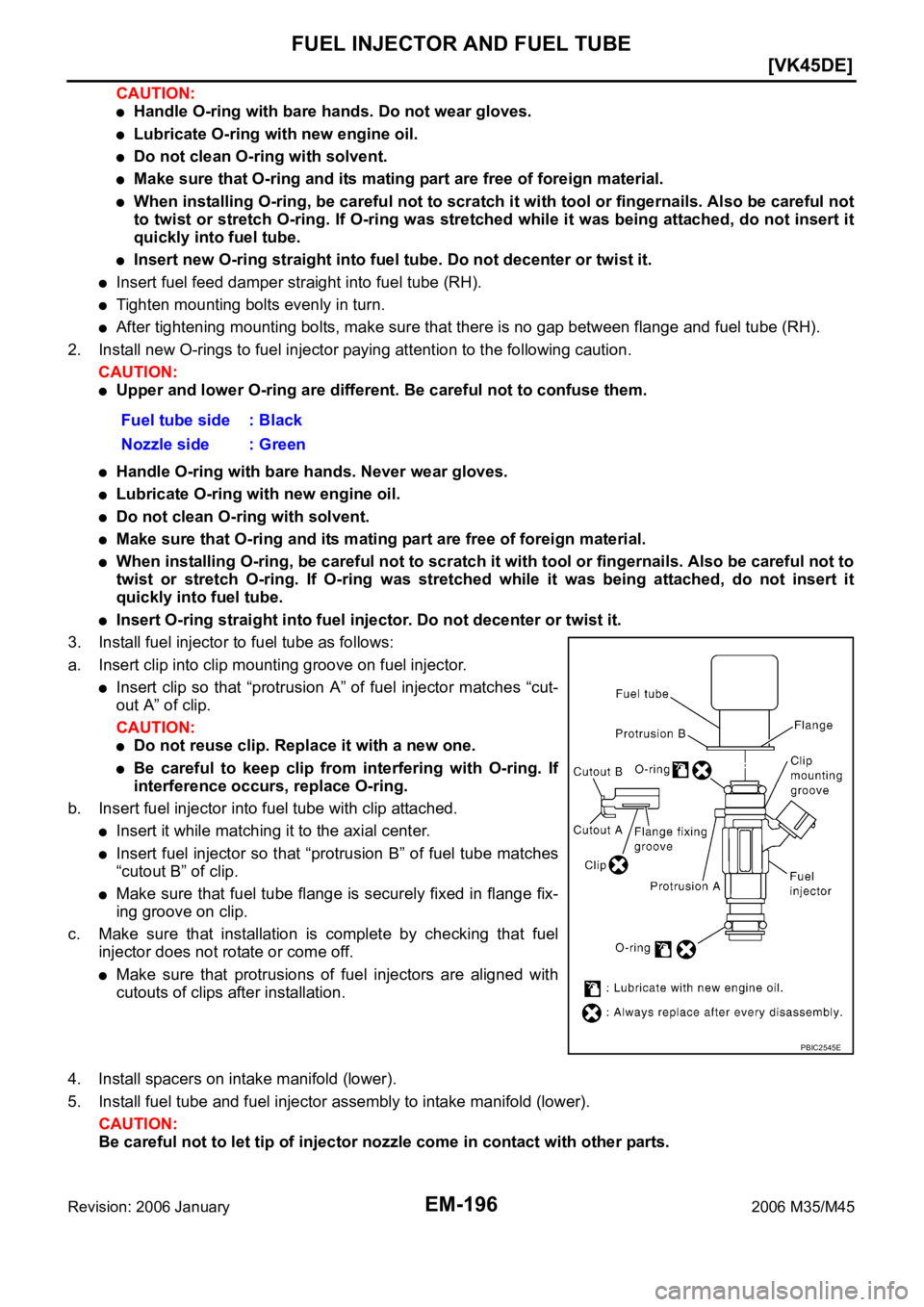 INFINITI M35 2006  Factory Service Manual EM-196
[VK45DE]
FUEL INJECTOR AND FUEL TUBE
Revision: 2006 January2006 M35/M45
CAUTION:
Handle O-ring with bare hands. Do not wear gloves.
Lubricate O-ring with new engine oil.
Do not clean O-ring wit