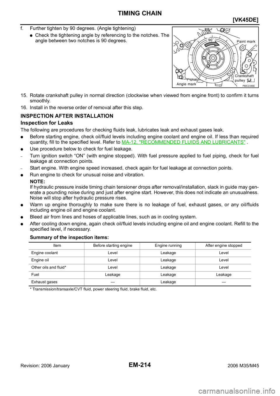 INFINITI M35 2006  Factory Service Manual EM-214
[VK45DE]
TIMING CHAIN
Revision: 2006 January2006 M35/M45
f. Further tighten by 90 degrees. (Angle tightening)
Check the tightening angle by referencing to the notches. The
angle between two not