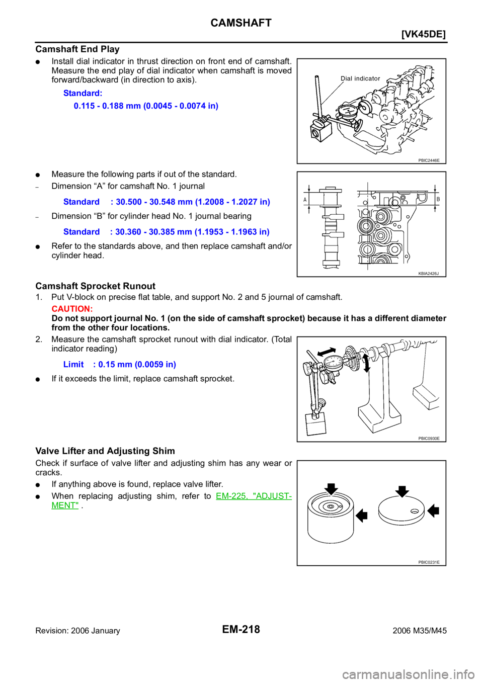 INFINITI M35 2006  Factory Service Manual EM-218
[VK45DE]
CAMSHAFT
Revision: 2006 January2006 M35/M45
Camshaft End Play
Install  dial  indicator  in  thrust  direction  on  front  end  of  camshaft.
Measure the end play of dial indicator when