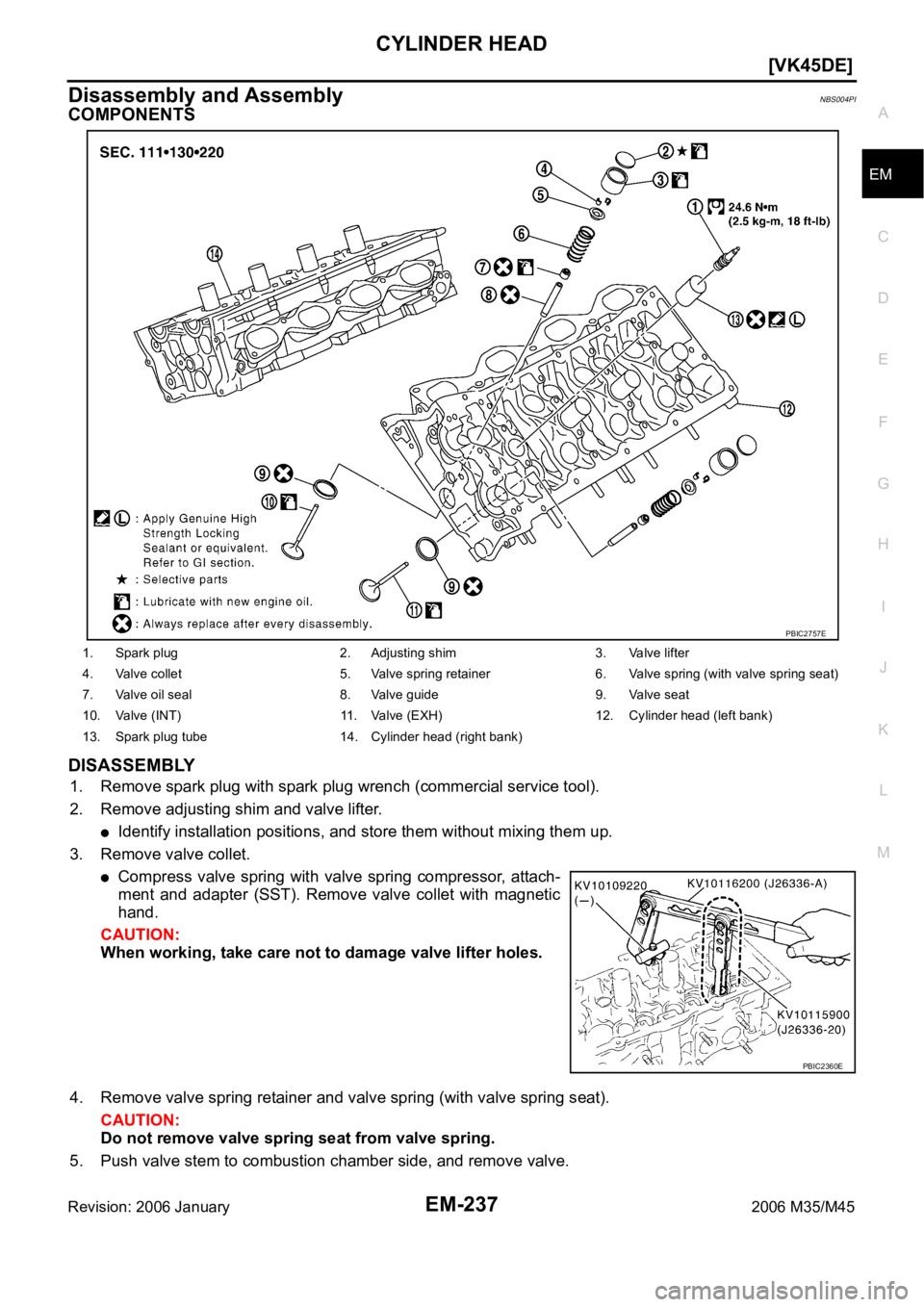 INFINITI M35 2006  Factory Service Manual CYLINDER HEAD
EM-237
[VK45DE]
C
D
E
F
G
H
I
J
K
L
MA
EM
Revision: 2006 January2006 M35/M45
Disassembly and AssemblyNBS004PI
COMPONENTS
DISASSEMBLY
1. Remove spark plug with spark plug wrench (commerci