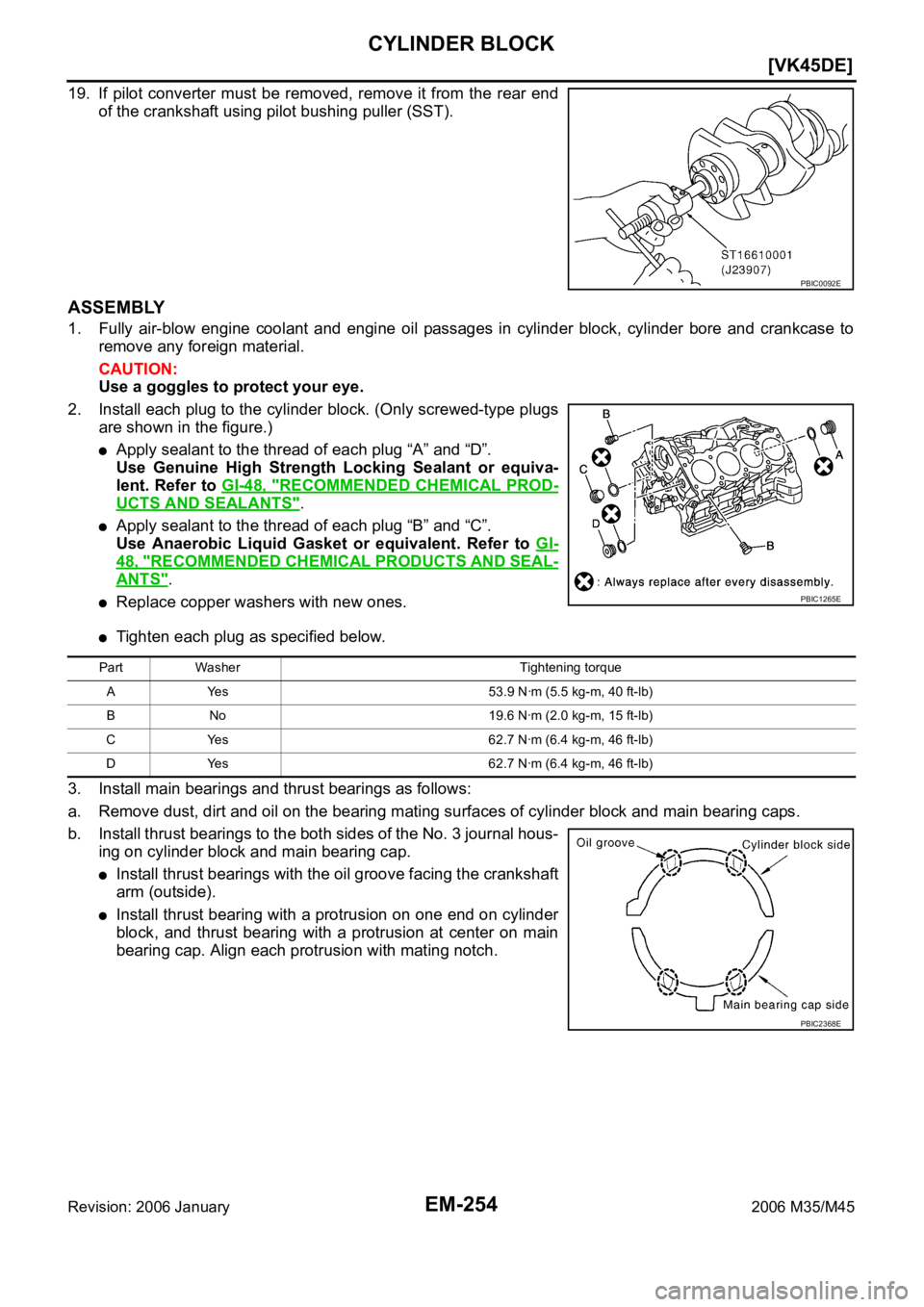 INFINITI M35 2006  Factory Service Manual EM-254
[VK45DE]
CYLINDER BLOCK
Revision: 2006 January2006 M35/M45
19. If pilot  converter must be removed, remove it from the rear end
of the crankshaft using pilot bushing puller (SST).
ASSEMBLY
1. F