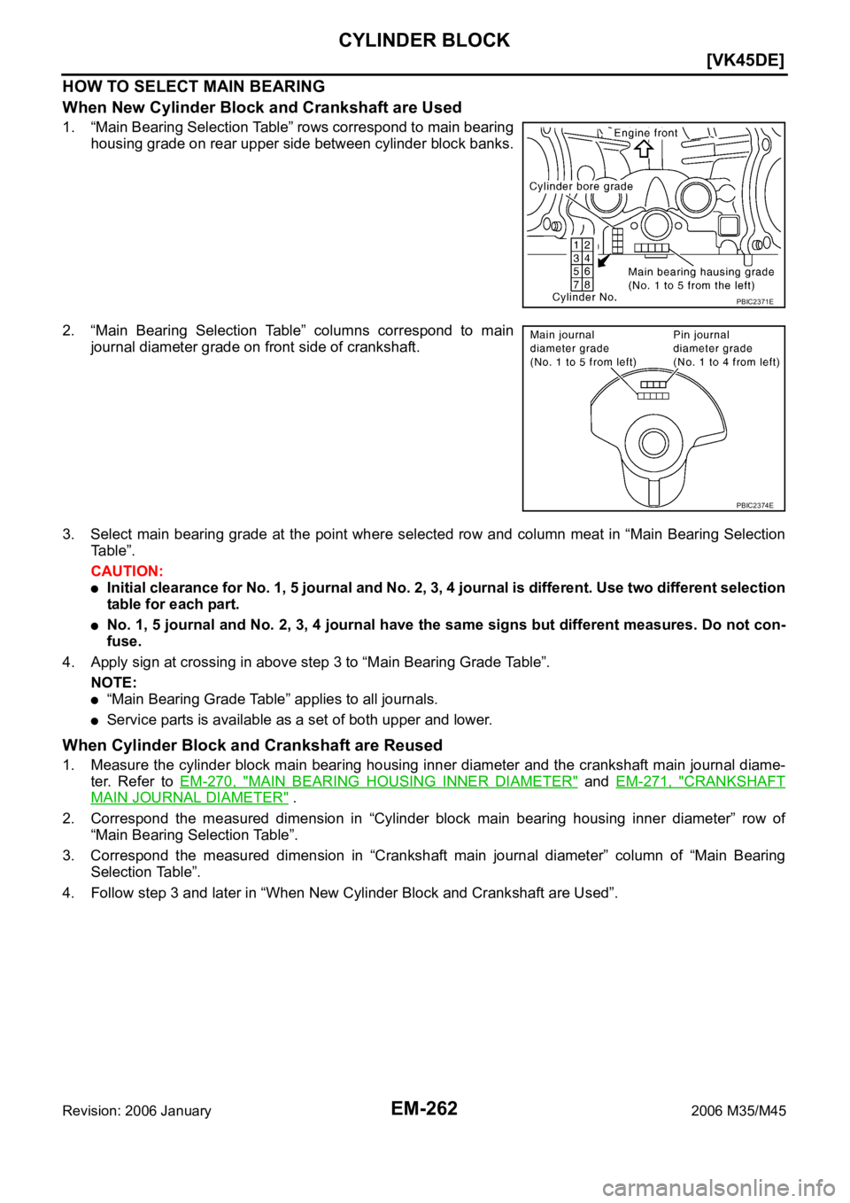 INFINITI M35 2006  Factory Service Manual EM-262
[VK45DE]
CYLINDER BLOCK
Revision: 2006 January2006 M35/M45
HOW TO SELECT MAIN BEARING
When New Cylinder Block and Crankshaft are Used
1. “Main Bearing Selection Table” rows correspond to ma