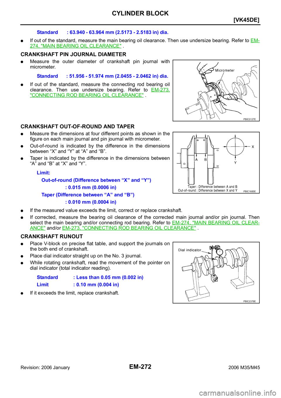 INFINITI M35 2006  Factory Service Manual EM-272
[VK45DE]
CYLINDER BLOCK
Revision: 2006 January2006 M35/M45
If out of the standard, measure the main bearing oil clearance. Then use undersize bearing. Refer to EM-
274, "MAIN BEARING OIL CL