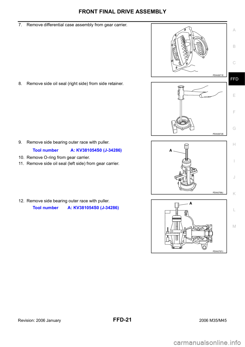INFINITI M35 2006  Factory Service Manual FRONT FINAL DRIVE ASSEMBLY
FFD-21
C
E
F
G
H
I
J
K
L
MA
B
FFD
Revision: 2006 January2006 M35/M45
7. Remove differential case assembly from gear carrier.
8. Remove side oil seal (right side) from side r