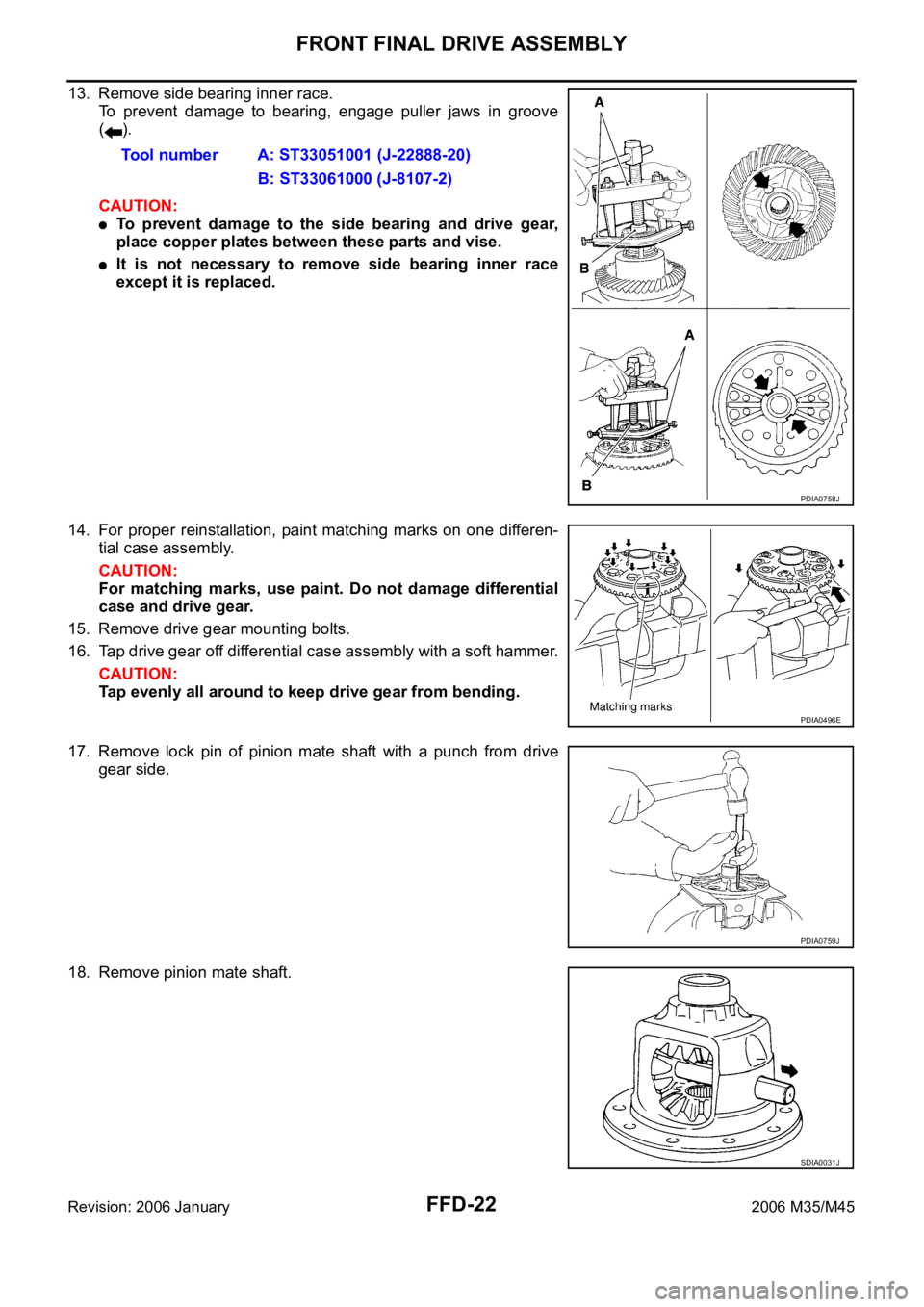 INFINITI M35 2006  Factory Service Manual FFD-22
FRONT FINAL DRIVE ASSEMBLY
Revision: 2006 January2006 M35/M45
13. Remove side bearing inner race.
To  prevent  damage  to  bearing,  engage  puller  jaws  in  groove
().
CAUTION:
To  prevent  d