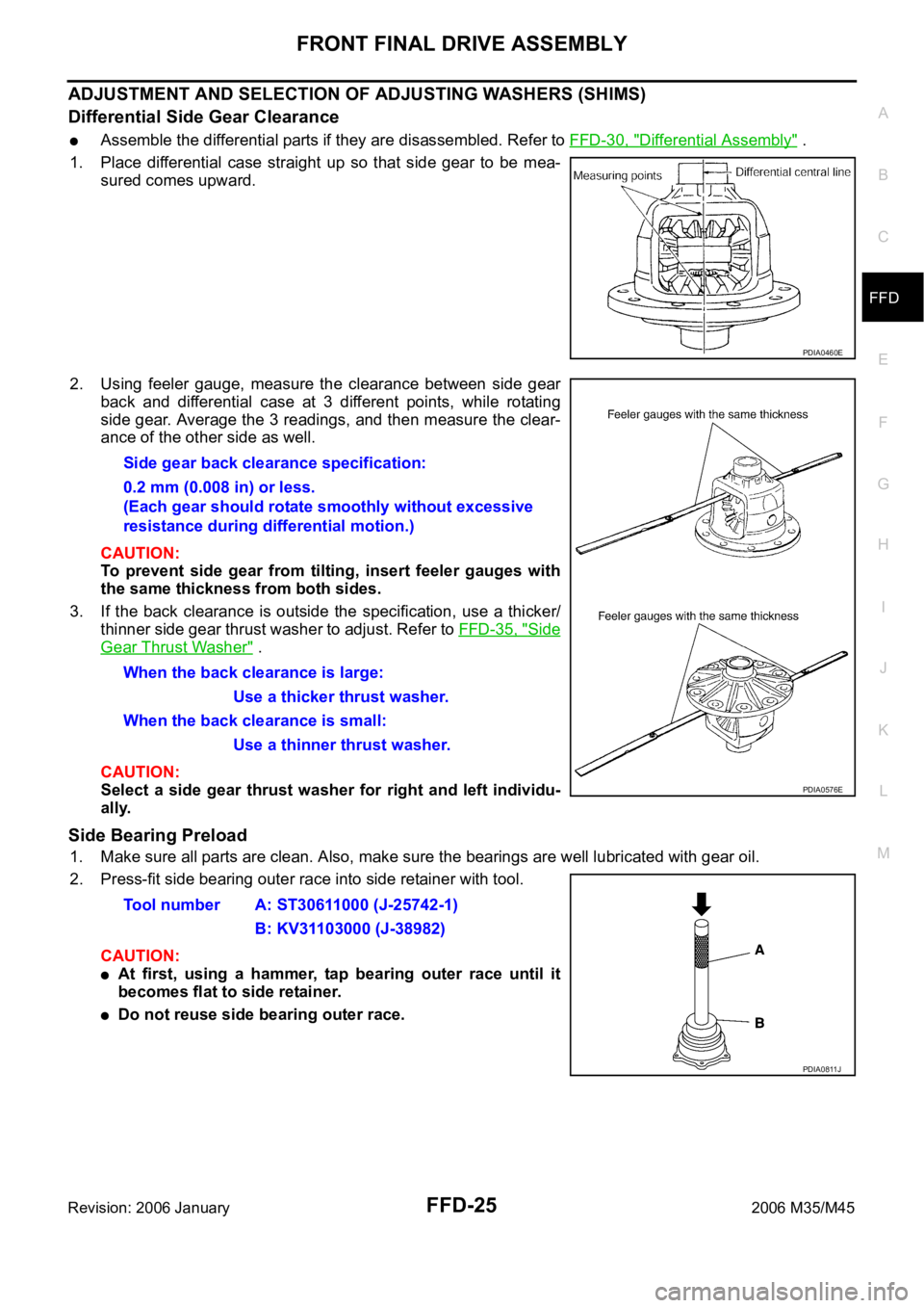 INFINITI M35 2006  Factory Service Manual FRONT FINAL DRIVE ASSEMBLY
FFD-25
C
E
F
G
H
I
J
K
L
MA
B
FFD
Revision: 2006 January2006 M35/M45
ADJUSTMENT AND SELECTION OF ADJUSTING WASHERS (SHIMS)
Differential Side Gear Clearance
Assemble the diff