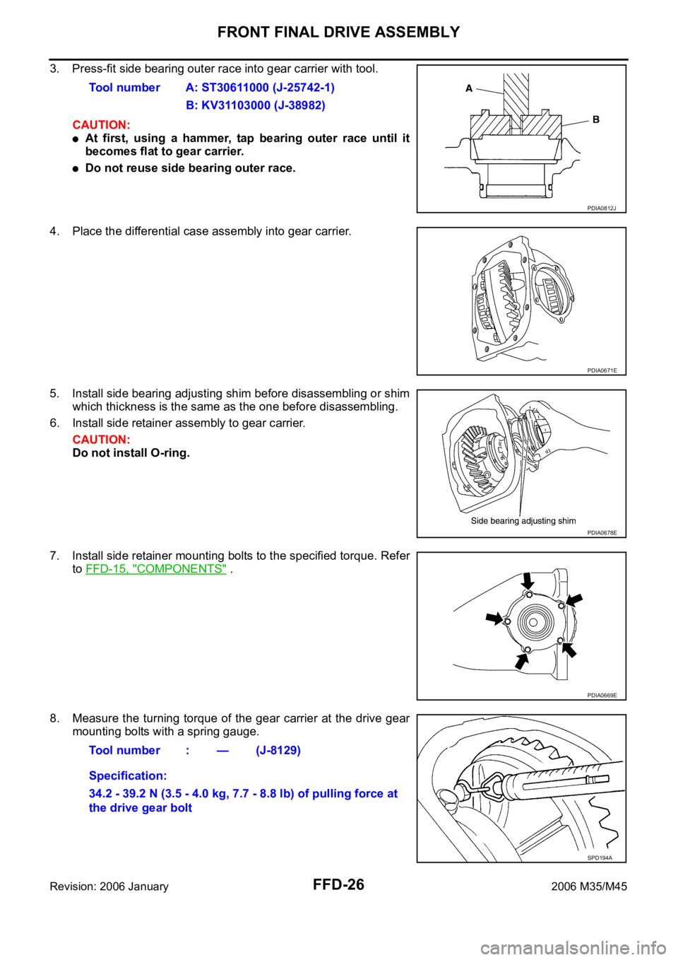 INFINITI M35 2006  Factory Service Manual FFD-26
FRONT FINAL DRIVE ASSEMBLY
Revision: 2006 January2006 M35/M45
3. Press-fit side bearing outer race into gear carrier with tool.
CAUTION:
At  first,  using  a  hammer,  tap  bearing  outer  race