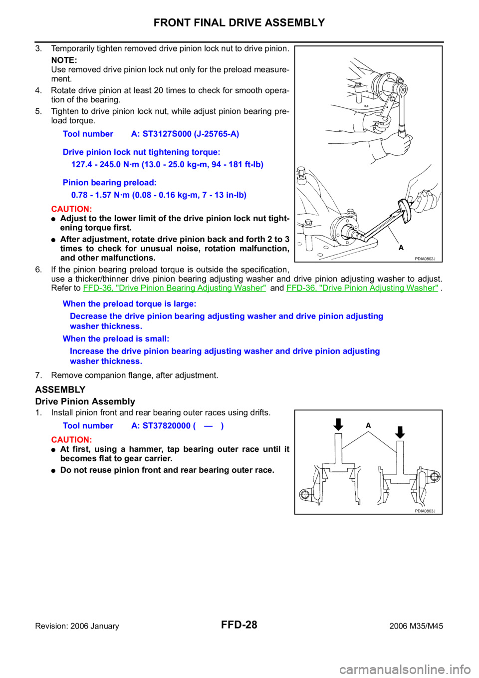 INFINITI M35 2006  Factory Service Manual FFD-28
FRONT FINAL DRIVE ASSEMBLY
Revision: 2006 January2006 M35/M45
3. Temporarily tighten removed drive pinion lock nut to drive pinion.
NOTE:
Use removed drive pinion lock nut only for the preload 