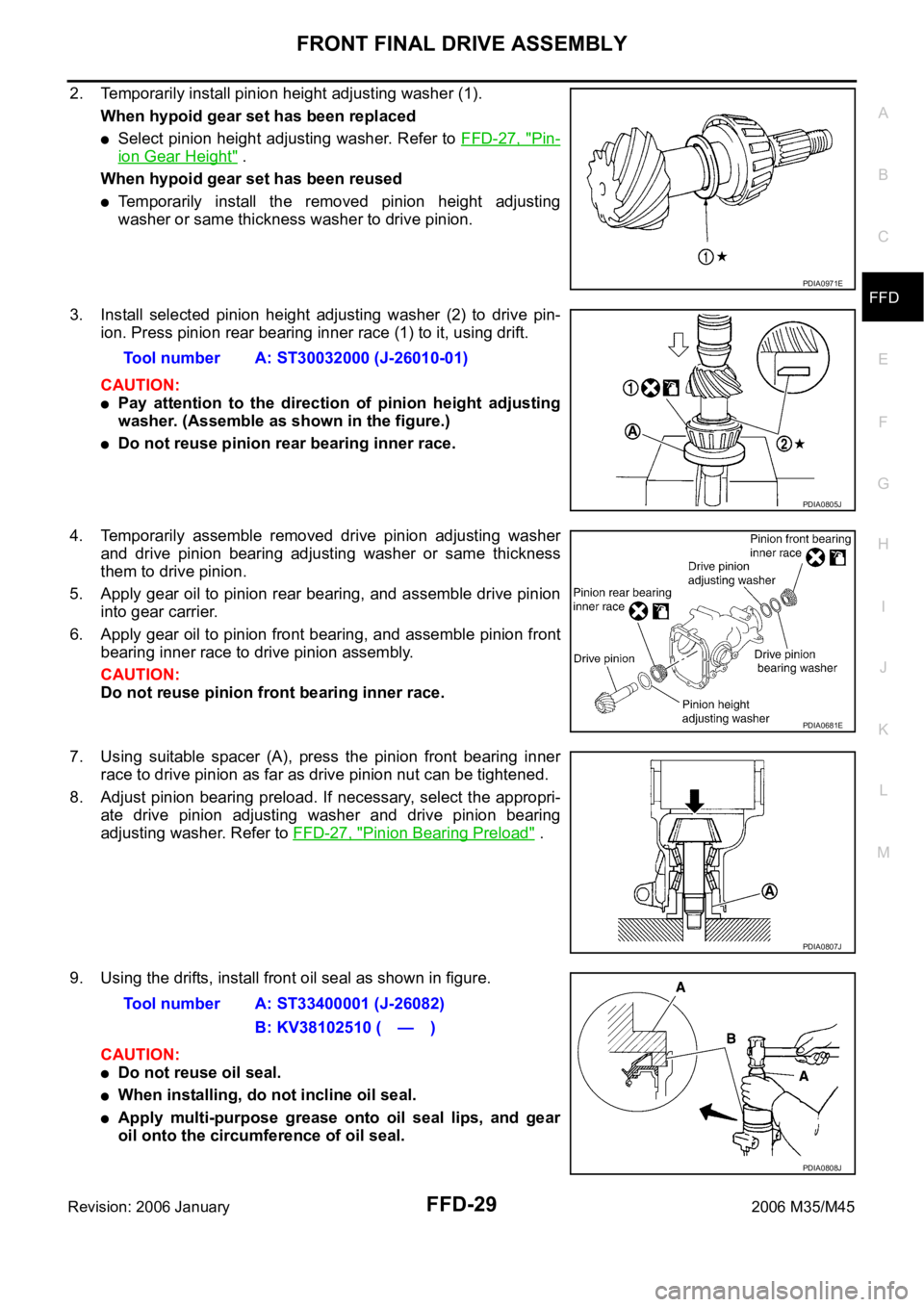 INFINITI M35 2006  Factory Service Manual FRONT FINAL DRIVE ASSEMBLY
FFD-29
C
E
F
G
H
I
J
K
L
MA
B
FFD
Revision: 2006 January2006 M35/M45
2. Temporarily install pinion height adjusting washer (1).
When hypoid gear set has been replaced
Select
