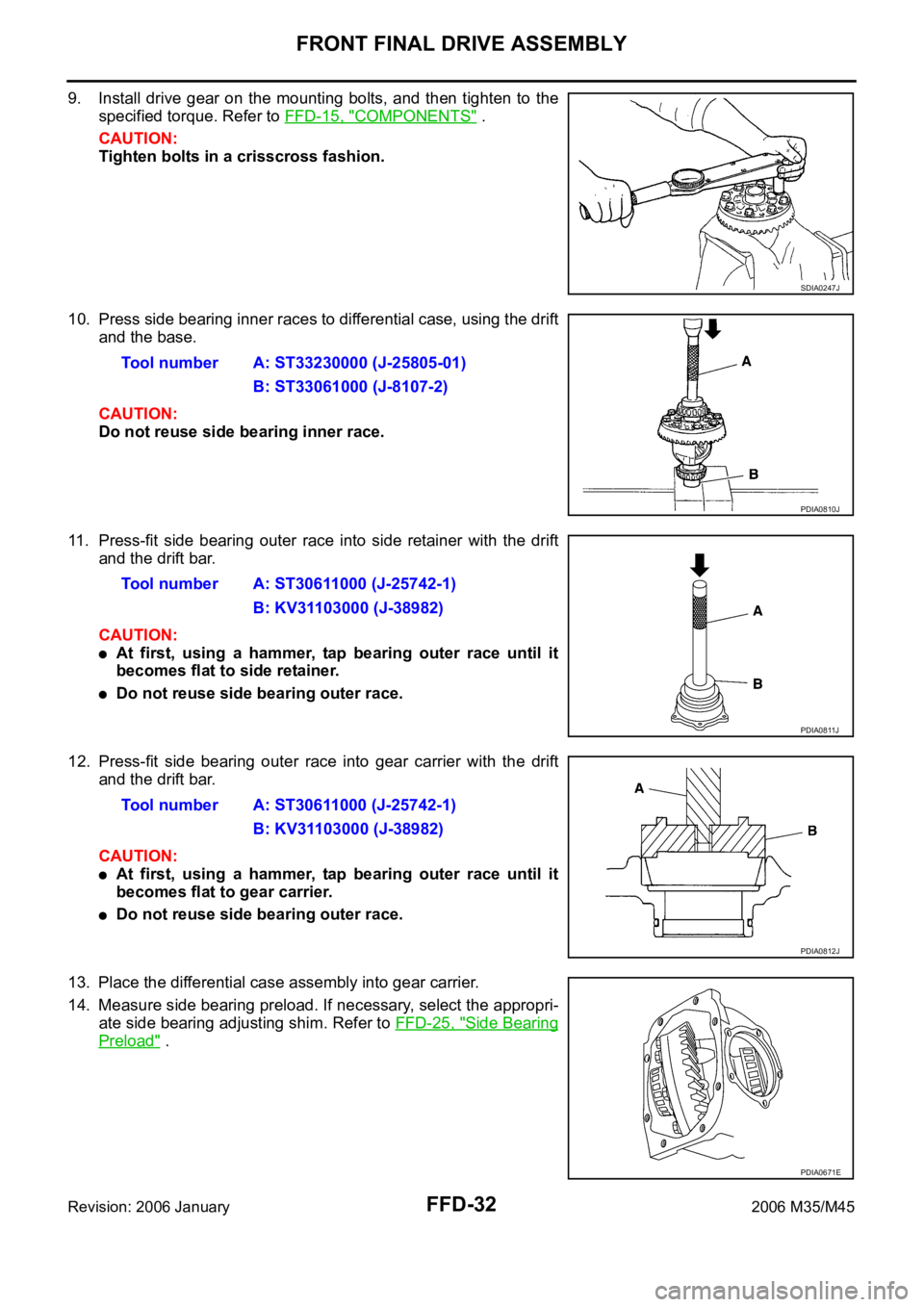 INFINITI M35 2006 Factory Service Manual FFD-32
FRONT FINAL DRIVE ASSEMBLY
Revision: 2006 January2006 M35/M45
9. Install drive gear on the mounting bolts, and then tighten to the
specified torque. Refer to FFD-15, "
COMPONENTS" INFINITI M35 2006 Factory Service Manual FFD-32
FRONT FINAL DRIVE ASSEMBLY
Revision: 2006 January2006 M35/M45
9. Install drive gear on the mounting bolts, and then tighten to the
specified torque. Refer to FFD-15, "
COMPONENTS"
