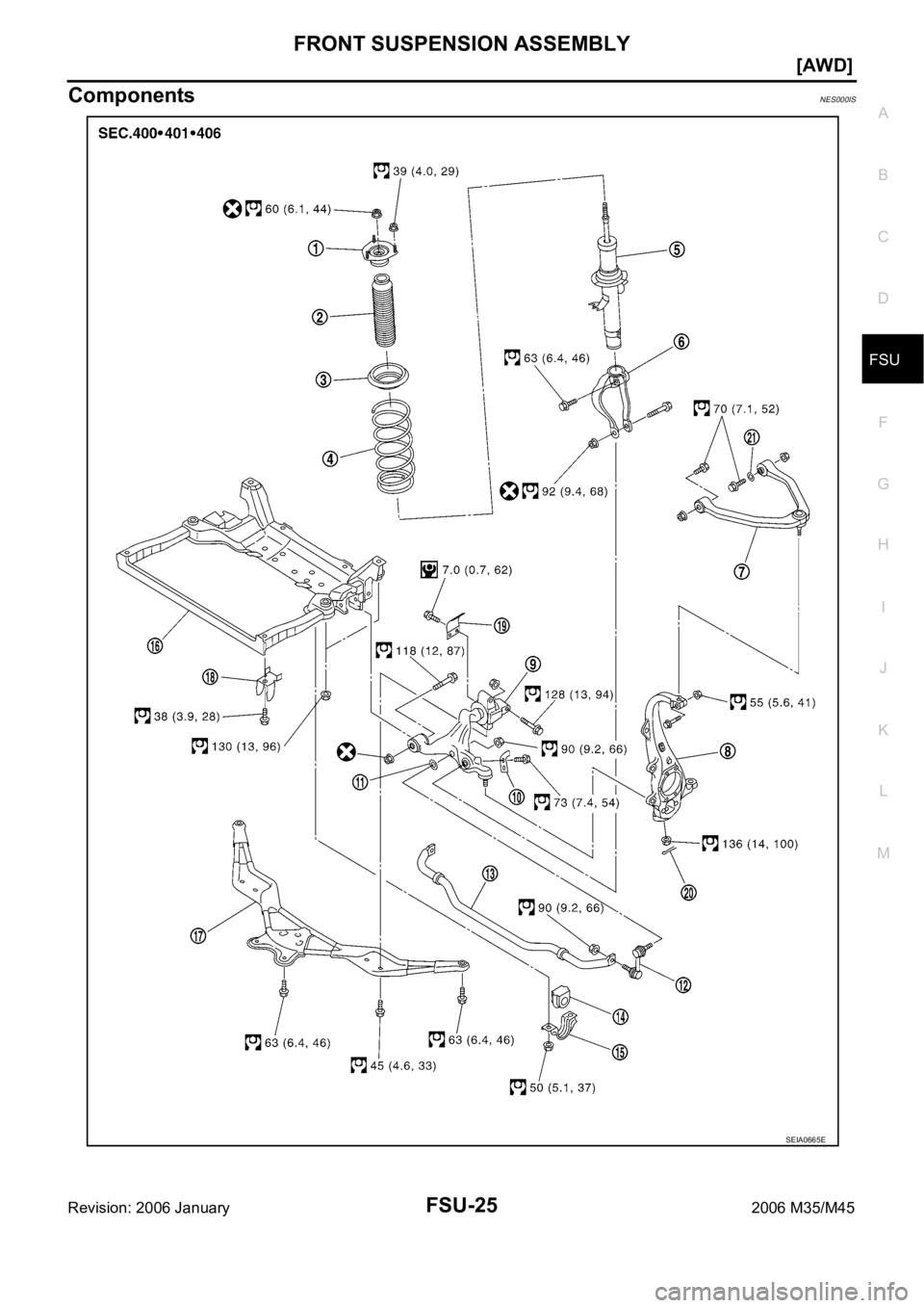 INFINITI M35 2006  Factory Service Manual FRONT SUSPENSION ASSEMBLY
FSU-25
[AWD]
C
D
F
G
H
I
J
K
L
MA
B
FSU
Revision: 2006 January2006 M35/M45
ComponentsNES000IS
SEIA0665E 