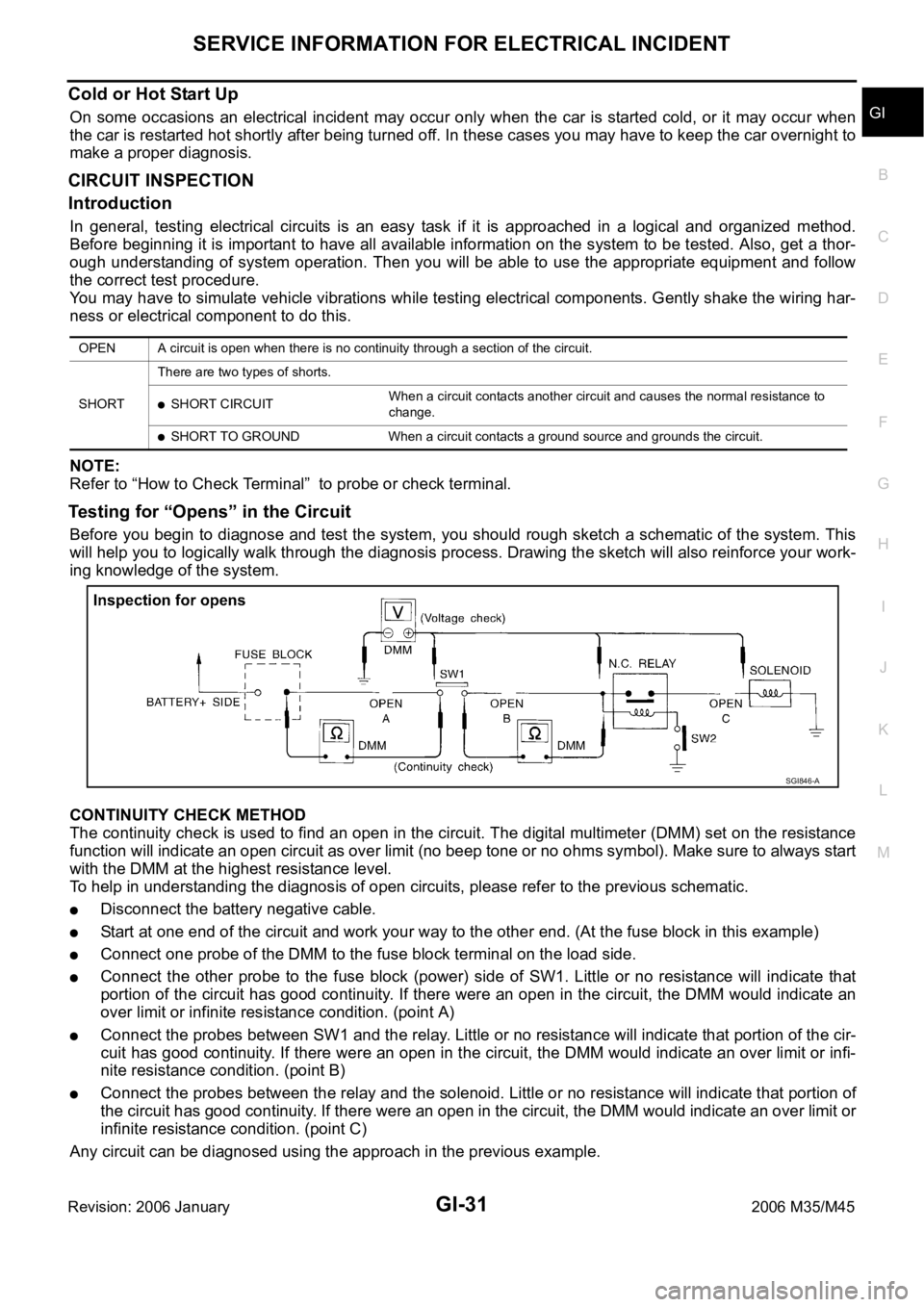 INFINITI M35 2006  Factory Service Manual SERVICE INFORMATION FOR ELECTRICAL INCIDENT
GI-31
C
D
E
F
G
H
I
J
K
L
MB
GI
Revision: 2006 January2006 M35/M45
Cold or Hot Start Up 
On  some occasions an electrical incident  may occur only when the 