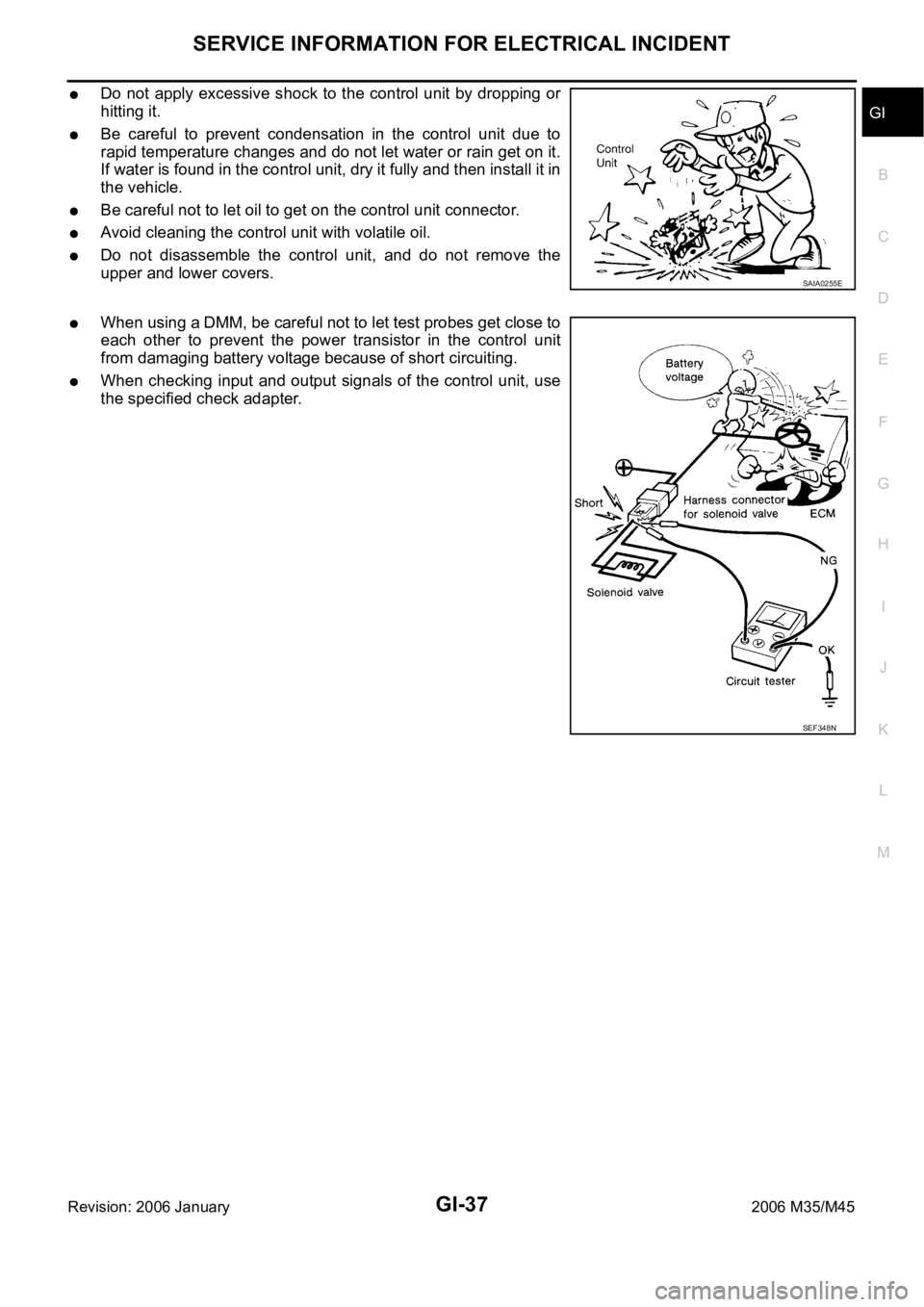 INFINITI M35 2006  Factory Service Manual SERVICE INFORMATION FOR ELECTRICAL INCIDENT
GI-37
C
D
E
F
G
H
I
J
K
L
MB
GI
Revision: 2006 January2006 M35/M45
Do not apply  excessive shock to the control unit by dropping or
hitting it.
Be  careful 
