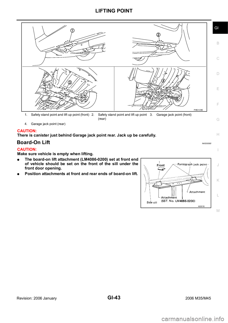 INFINITI M35 2006  Factory Service Manual LIFTING POINT
GI-43
C
D
E
F
G
H
I
J
K
L
MB
GI
Revision: 2006 January2006 M35/M45
CAUTION:
There is canister just behind Garage jack point rear. Jack up be carefully.
Board-On Lift NAS00080
CAUTION:
Ma