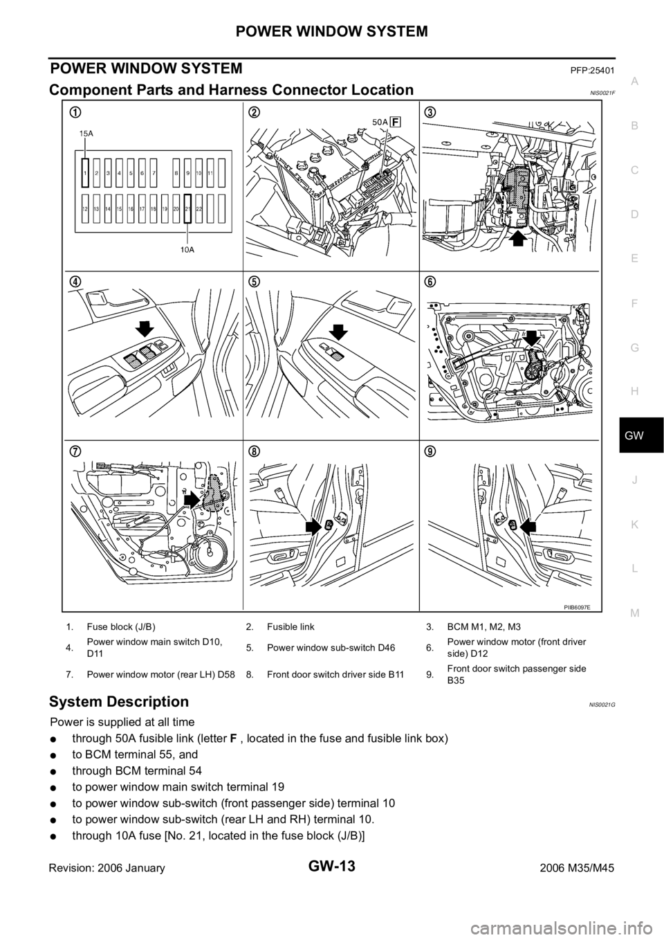 INFINITI M35 2006  Factory Service Manual POWER WINDOW SYSTEM
GW-13
C
D
E
F
G
H
J
K
L
MA
B
GW
Revision: 2006 January2006 M35/M45
POWER WINDOW SYSTEMPFP:25401
Component Parts and Harness Connector LocationNIS0021F
System DescriptionNIS0021G
Po