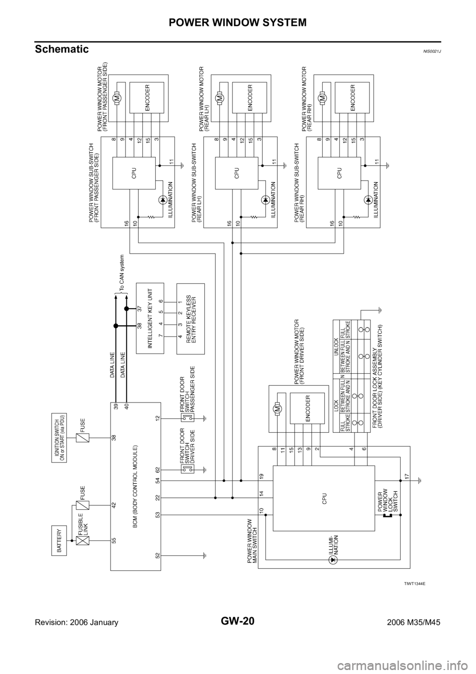 INFINITI M35 2006  Factory Service Manual GW-20
POWER WINDOW SYSTEM
Revision: 2006 January2006 M35/M45
SchematicNIS0021J
TIWT1344E 