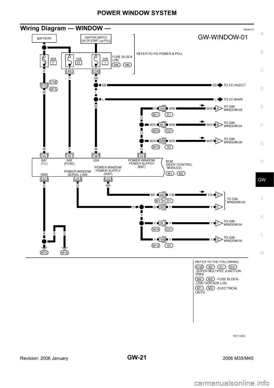 INFINITI M35 2006  Factory Service Manual POWER WINDOW SYSTEM
GW-21
C
D
E
F
G
H
J
K
L
MA
B
GW
Revision: 2006 January2006 M35/M45
Wiring Diagram — WINDOW —NIS0021K
TIWT1345E 