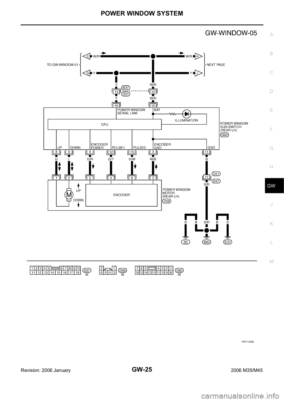 INFINITI M35 2006  Factory Service Manual POWER WINDOW SYSTEM
GW-25
C
D
E
F
G
H
J
K
L
MA
B
GW
Revision: 2006 January2006 M35/M45
TIWT1349E 