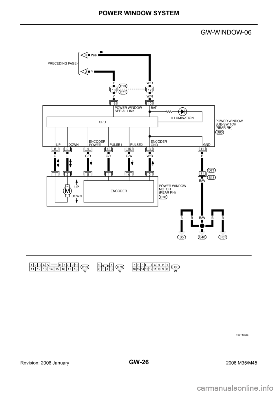 INFINITI M35 2006  Factory Service Manual GW-26
POWER WINDOW SYSTEM
Revision: 2006 January2006 M35/M45
TIWT1350E 