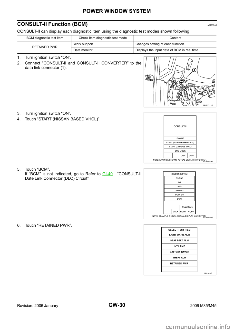 INFINITI M35 2006  Factory Service Manual GW-30
POWER WINDOW SYSTEM
Revision: 2006 January2006 M35/M45
CONSULT-II Function (BCM)NIS0021O
CONSULT-II can display each diagnostic item using the diagnostic test modes shown following.
1. Turn igni