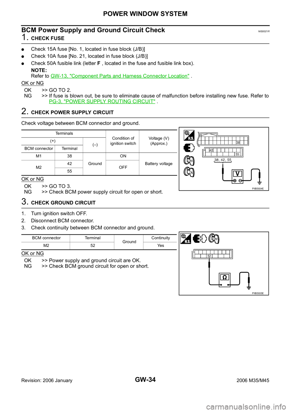 INFINITI M35 2006  Factory Service Manual GW-34
POWER WINDOW SYSTEM
Revision: 2006 January2006 M35/M45
BCM Power Supply and Ground Circuit CheckNIS0021R
1. CHECK FUSE
Check 15A fuse [No. 1, located in fuse block (J/B)]
Check 10A fuse [No. 21,