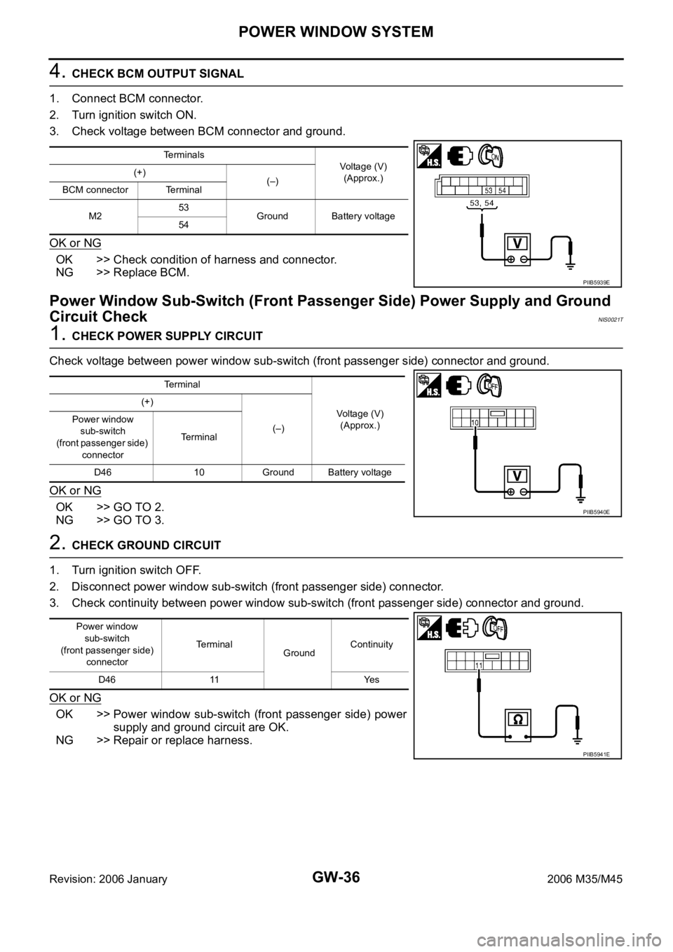 INFINITI M35 2006 Factory Service Manual GW-36
POWER WINDOW SYSTEM
Revision: 2006 January2006 M35/M45
4. CHECK BCM OUTPUT SIGNAL
1. Connect BCM connector.
2. Turn ignition switch ON.
3. Check voltage between BCM connector and ground.
OK or INFINITI M35 2006 Factory Service Manual GW-36
POWER WINDOW SYSTEM
Revision: 2006 January2006 M35/M45
4. CHECK BCM OUTPUT SIGNAL
1. Connect BCM connector.
2. Turn ignition switch ON.
3. Check voltage between BCM connector and ground.
OK or