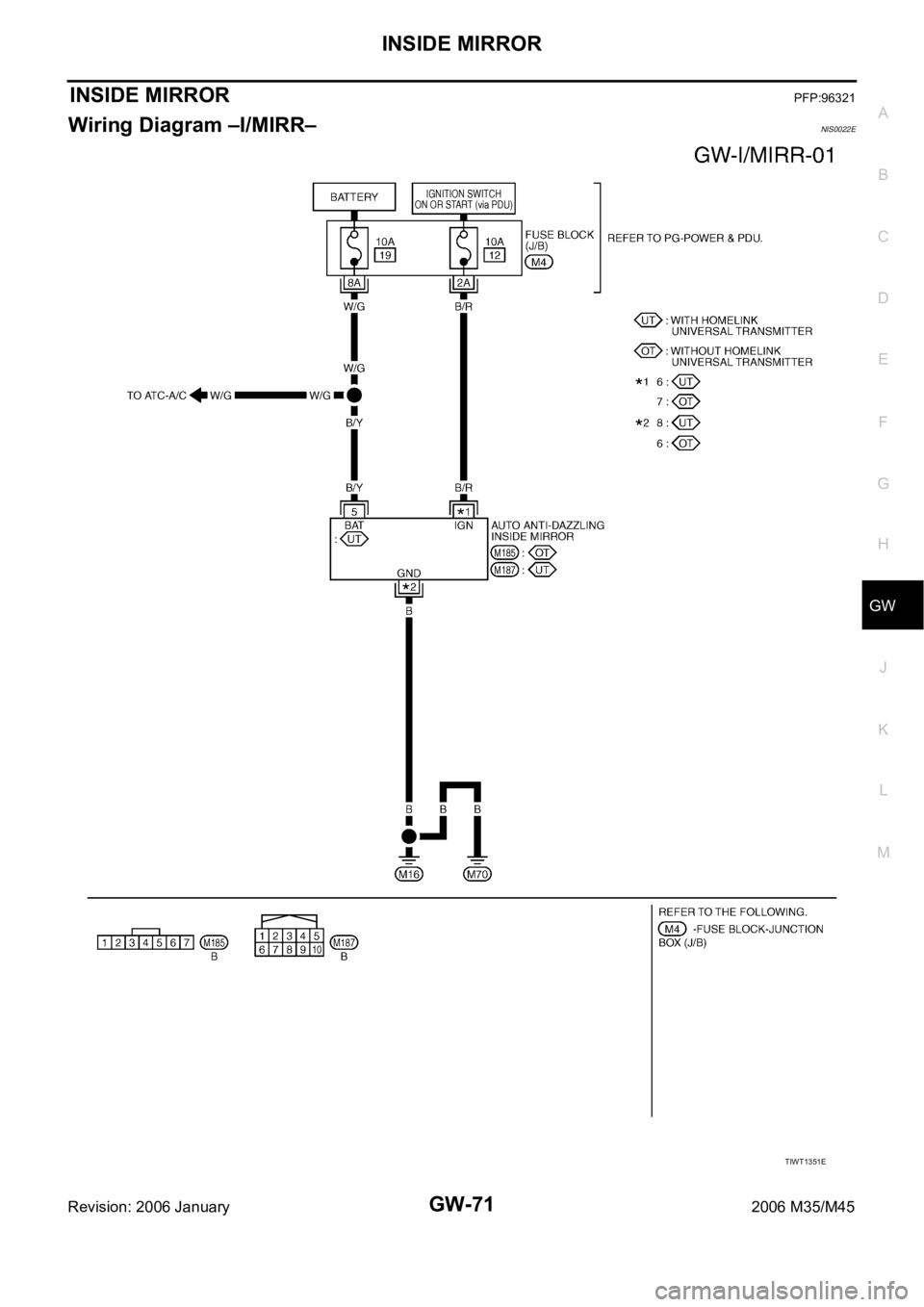 INFINITI M35 2006  Factory Service Manual INSIDE MIRROR
GW-71
C
D
E
F
G
H
J
K
L
MA
B
GW
Revision: 2006 January2006 M35/M45
INSIDE MIRRORPFP:96321
Wiring Diagram –I/MIRR–NIS0022E
TIWT1351E 
