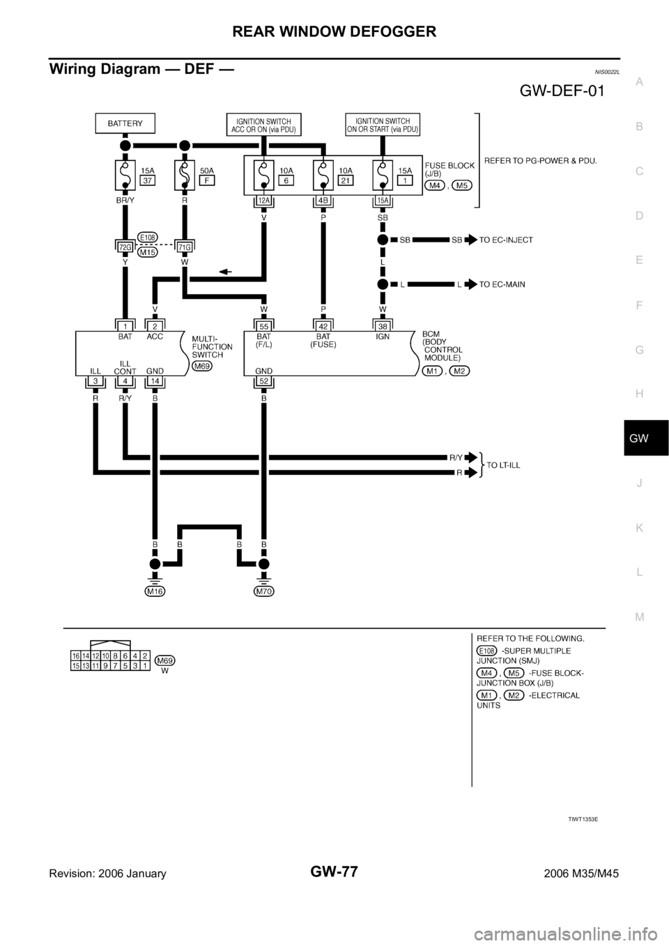 INFINITI M35 2006  Factory Service Manual REAR WINDOW DEFOGGER
GW-77
C
D
E
F
G
H
J
K
L
MA
B
GW
Revision: 2006 January2006 M35/M45
Wiring Diagram — DEF — NIS0022L
TIWT1353E 